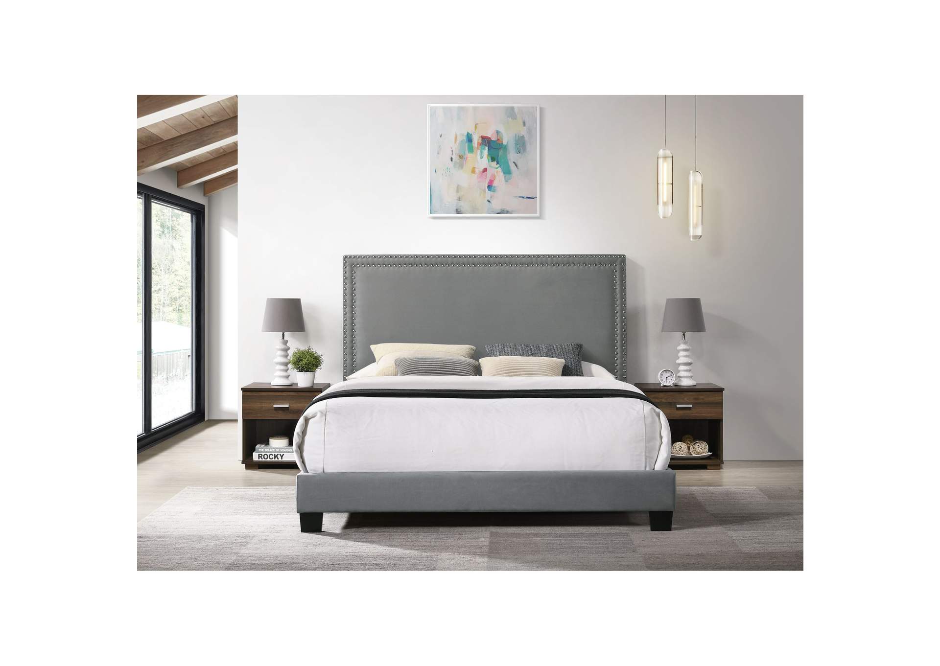 Erica Queen Bed In Carroll Grey With Two End Table 3A,Elements