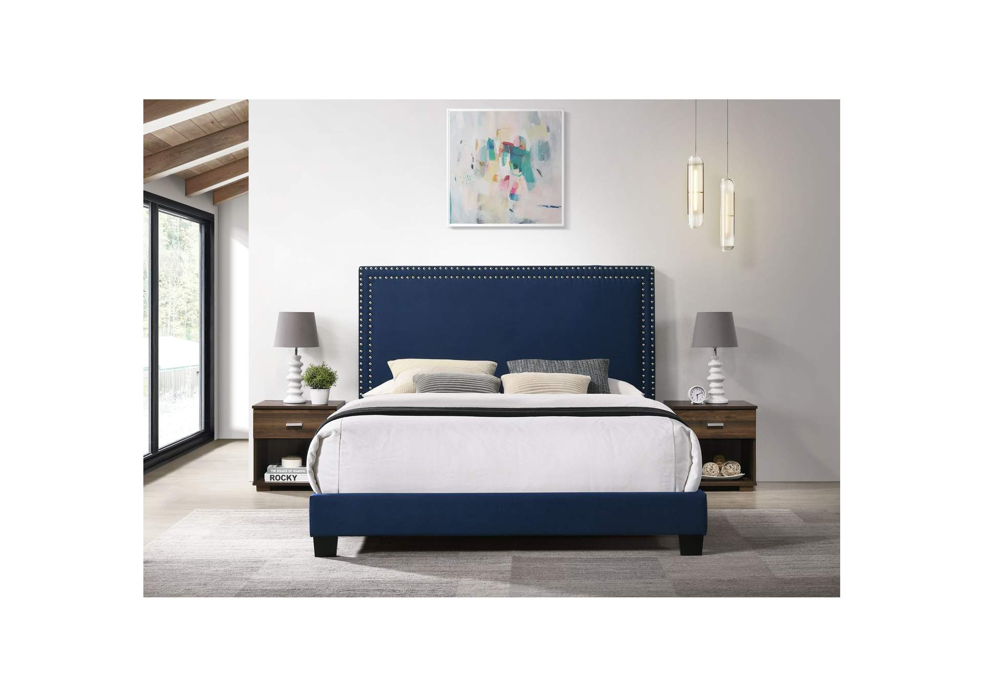 Erica Queen Bed In Carroll Navy Blue With Two End Table 3A,Elements