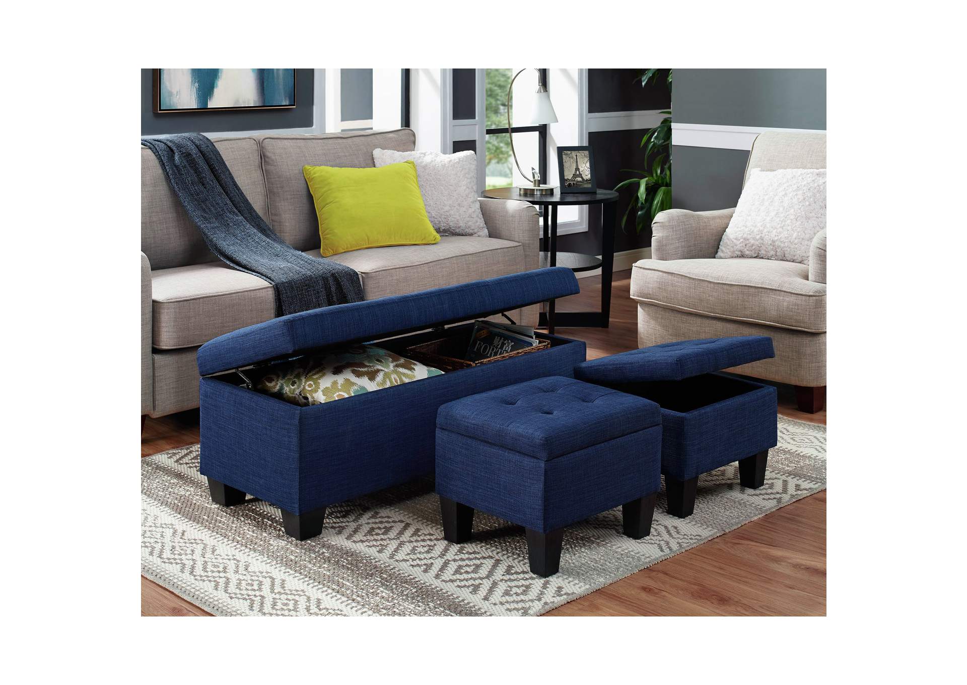 Ethan 3Pk Storage Bench And Ottoman Heirloom Blue,Elements