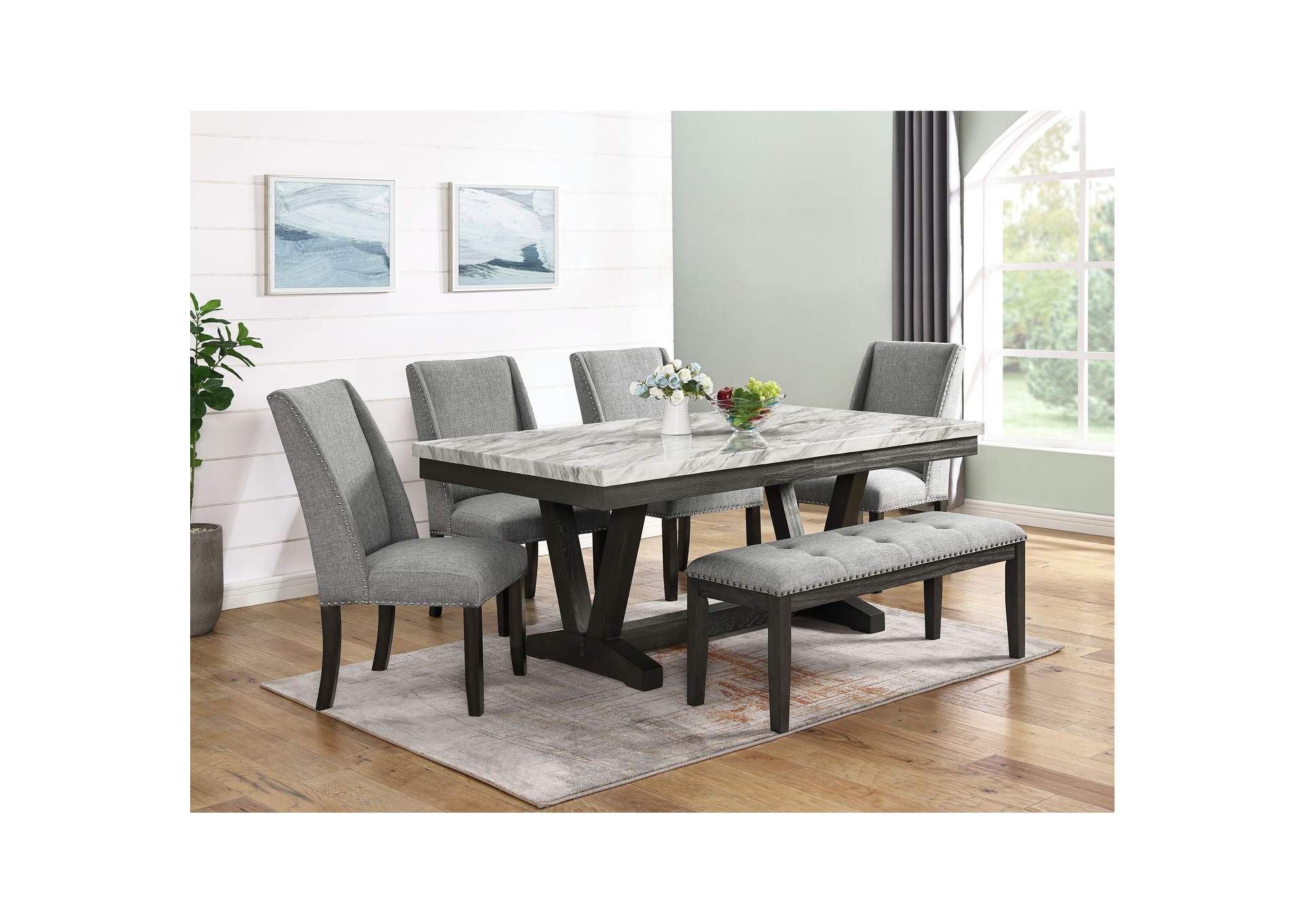 Everdeen Bench With Grey Fabric And Nail Heads In Charcoal,Elements