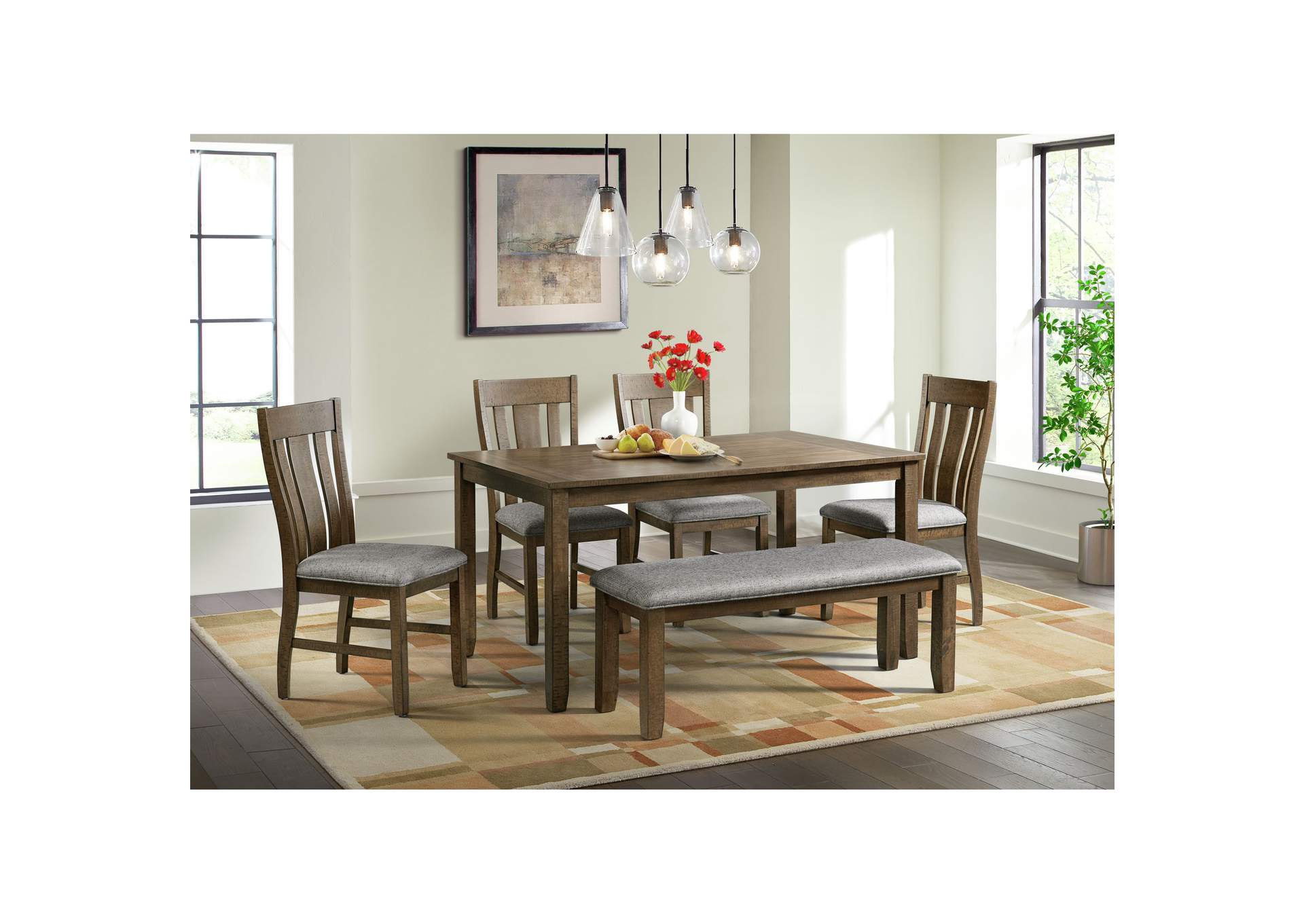 Everett 6 Piece Dining Set Table 4 Chairs Bench In Brown Acacia,Elements