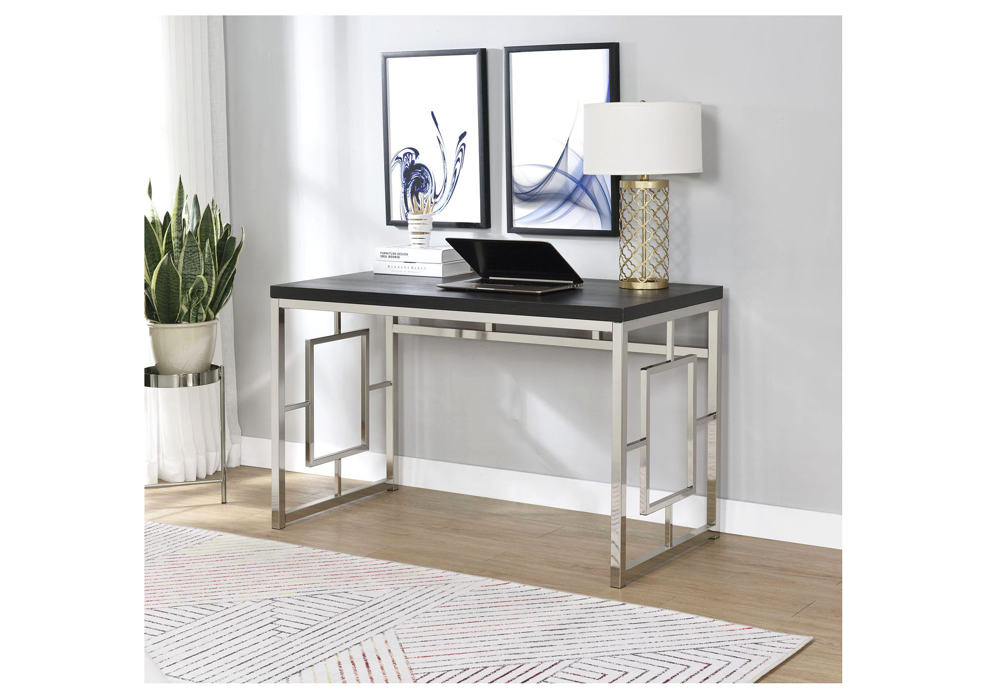 Ezra Computer Desk In Dark Espresso - Chrome Metal Finish,Elements