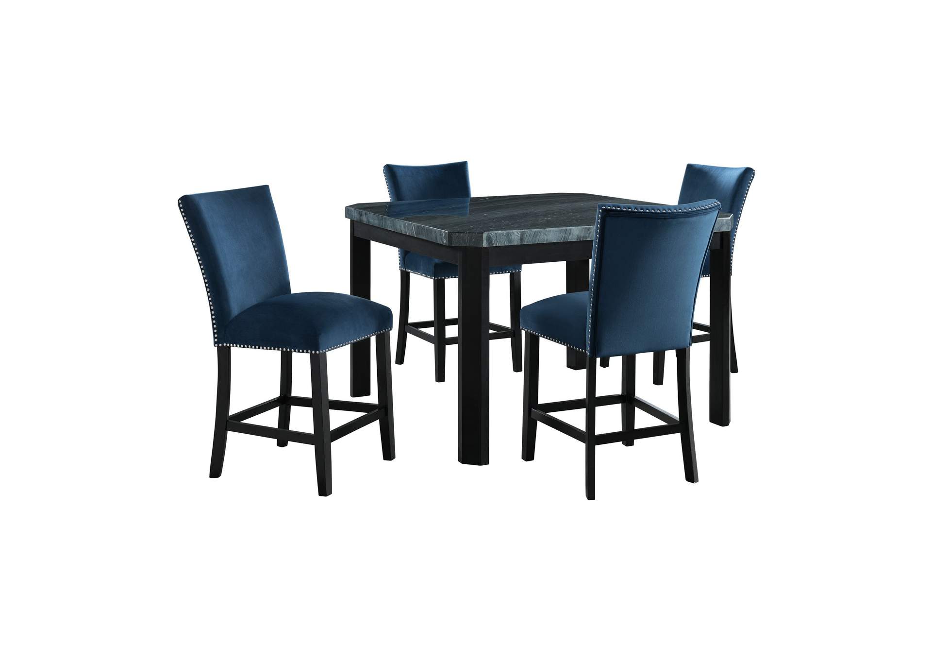 Francesca Square 5 Piece Counter Height Dining Set - Table Four Blue Velvet Chairs,Elements