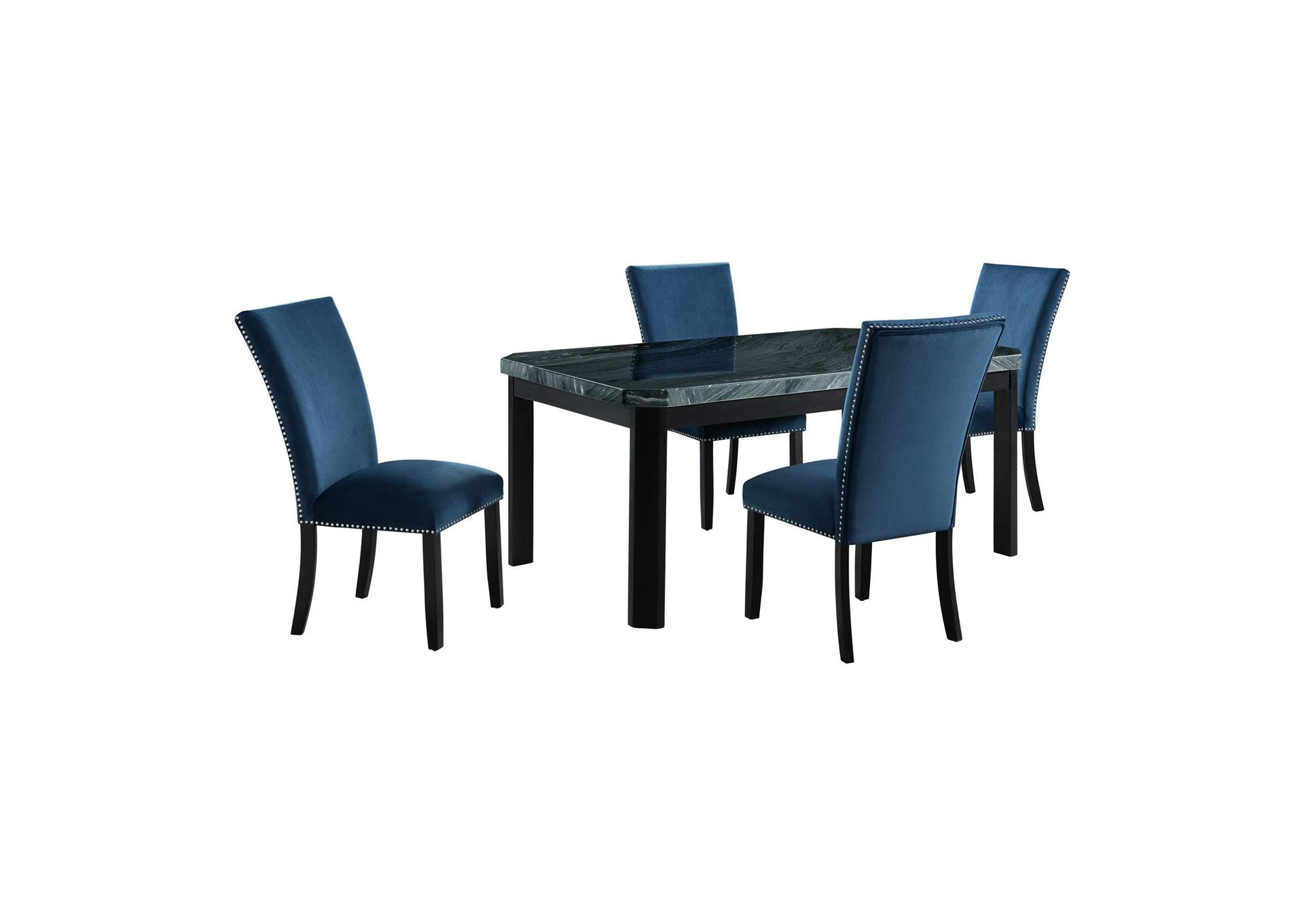 Francesca Rectangular 5 Piece Dining Set - Table Four Blue Velvet Chairs,Elements