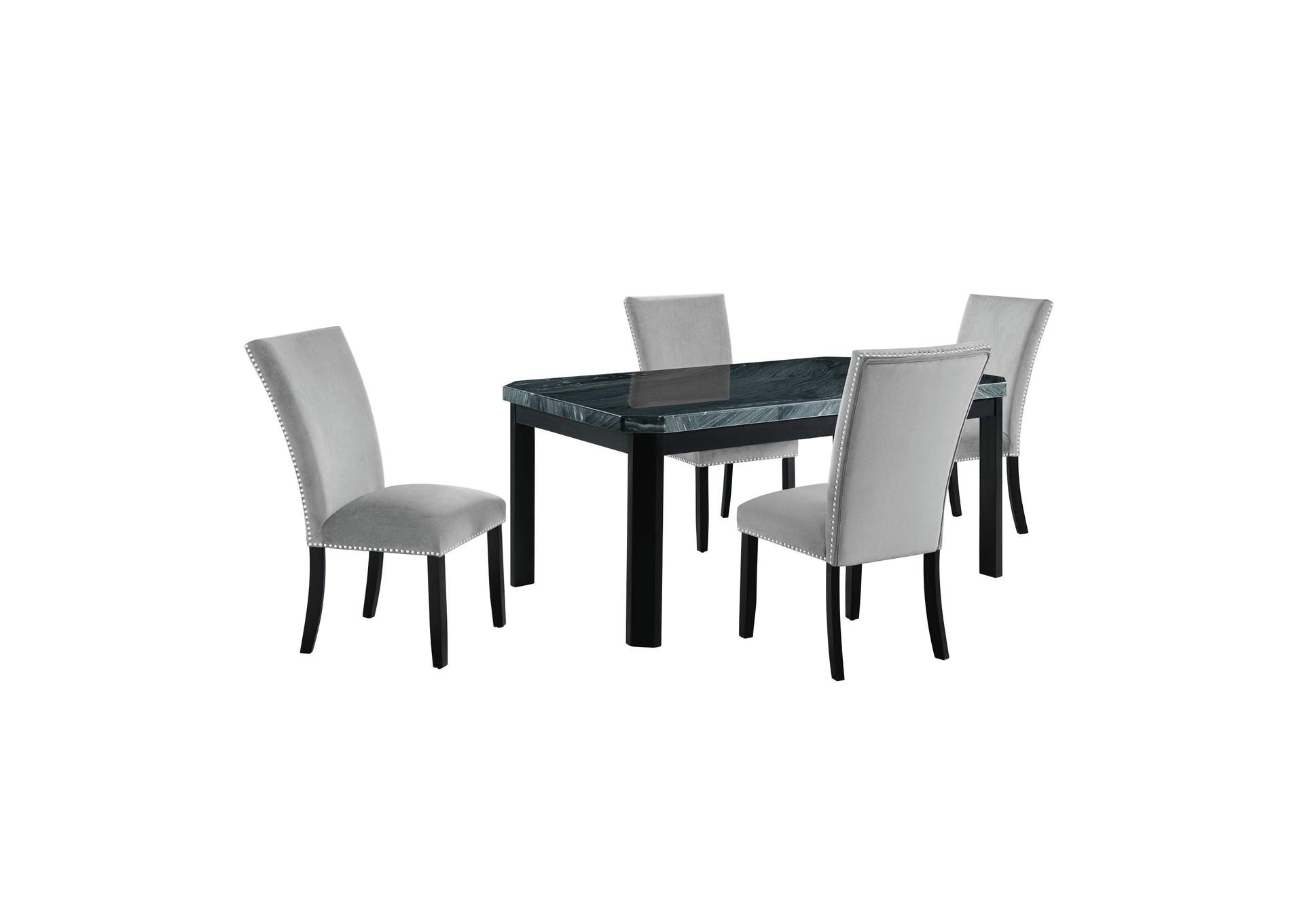 Francesca Rectangular 5 Piece Dining Set - Table Four Grey Velvet Chairs,Elements