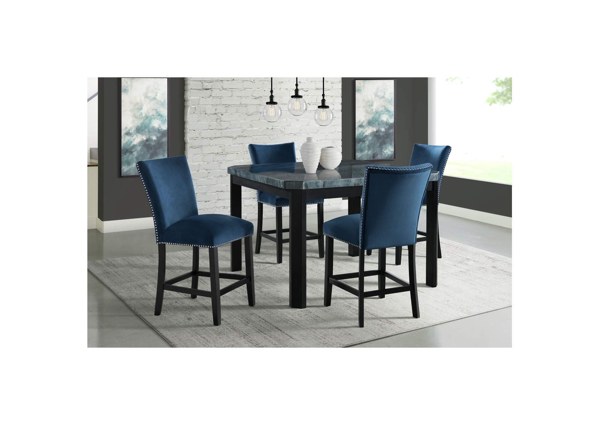 Francesca Square 5 Piece Counter Height Dining Set - Table Four Blue Velvet Chairs,Elements