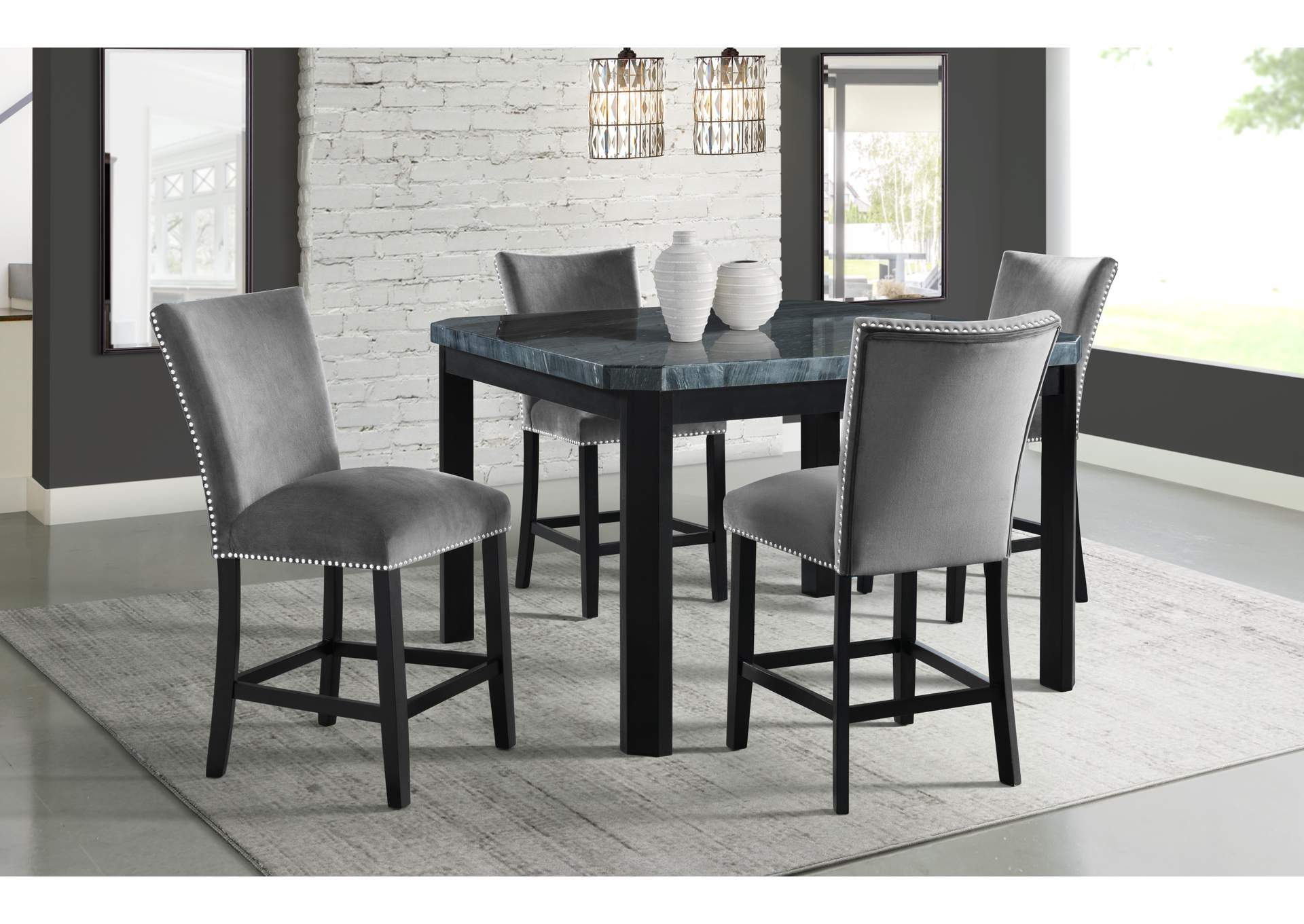 Francesca Square 5 Piece Counter Height Dining Set - Table Four Grey Velvet Chairs,Elements