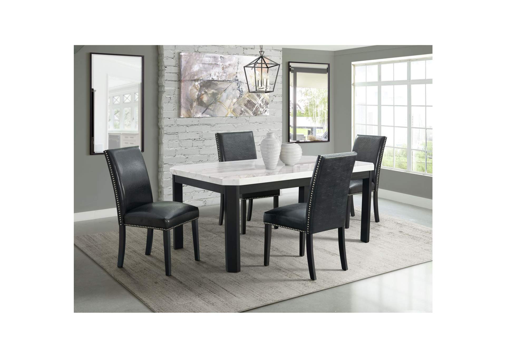Francesca White Marble 5 Piece Dining Set - Table Four Black Faux Leather Chairs,Elements
