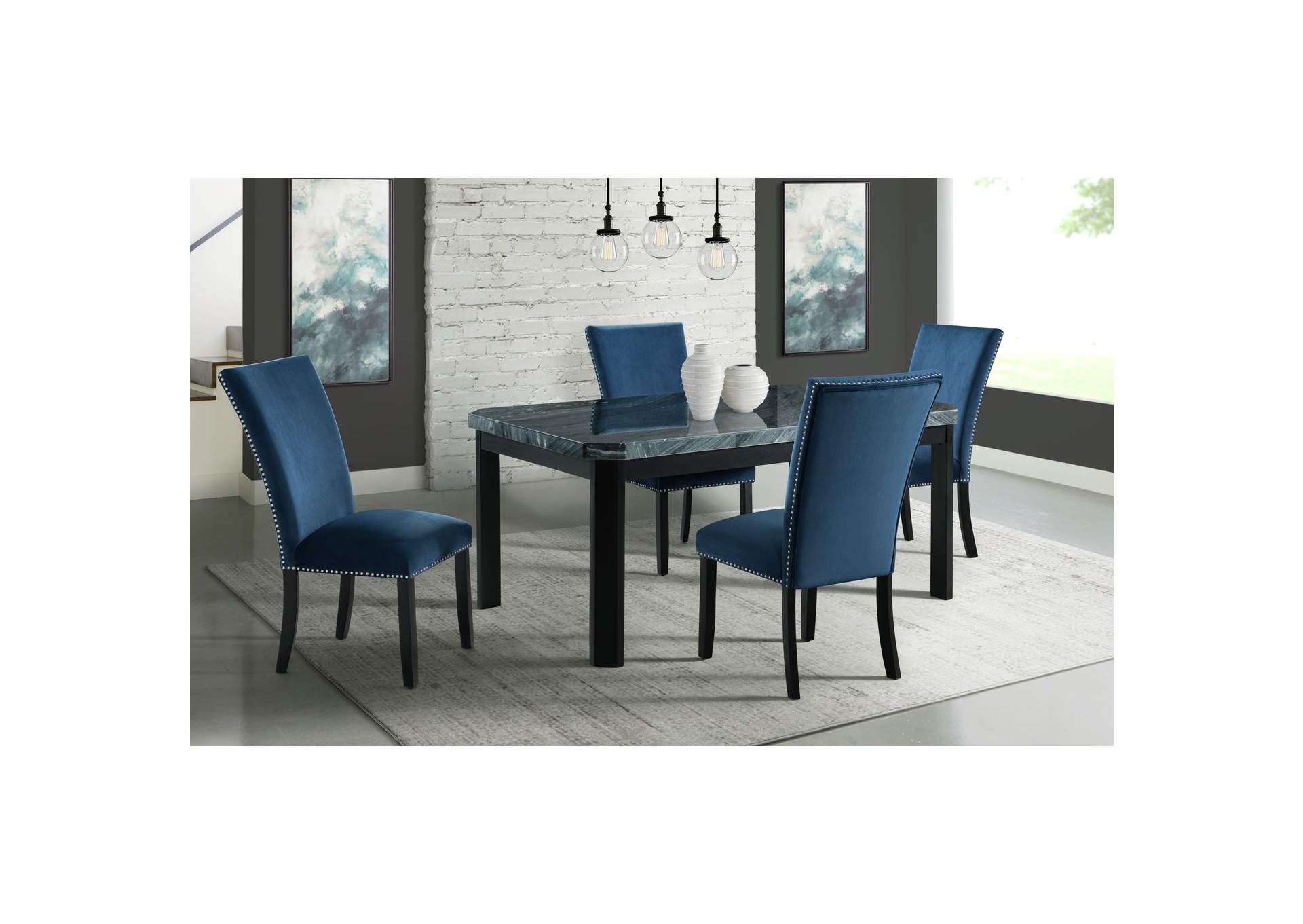 Francesca Rectangular 5 Piece Dining Set - Table Four Blue Velvet Chairs,Elements
