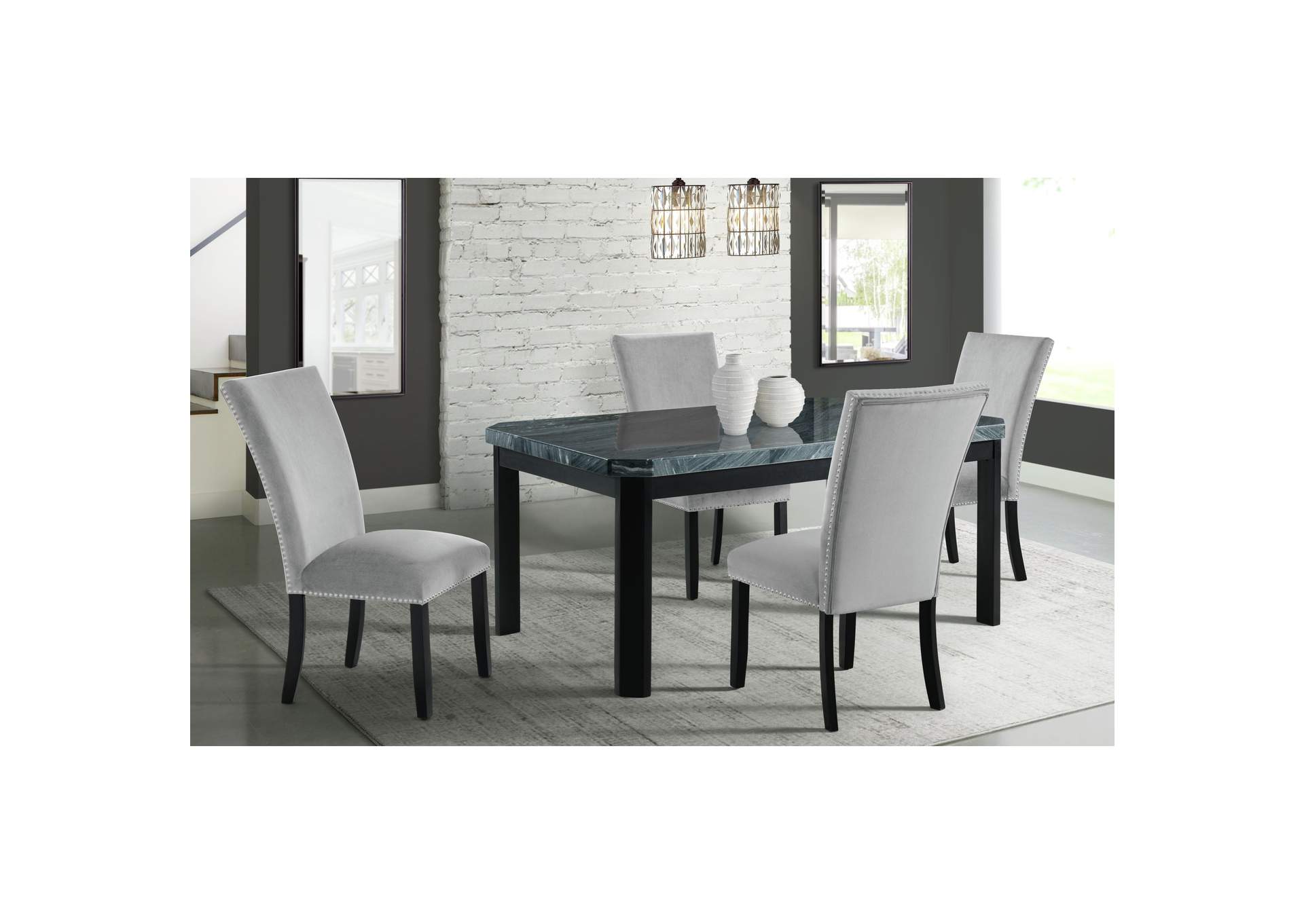 Francesca Rectangular 5 Piece Dining Set - Table Four Grey Velvet Chairs,Elements