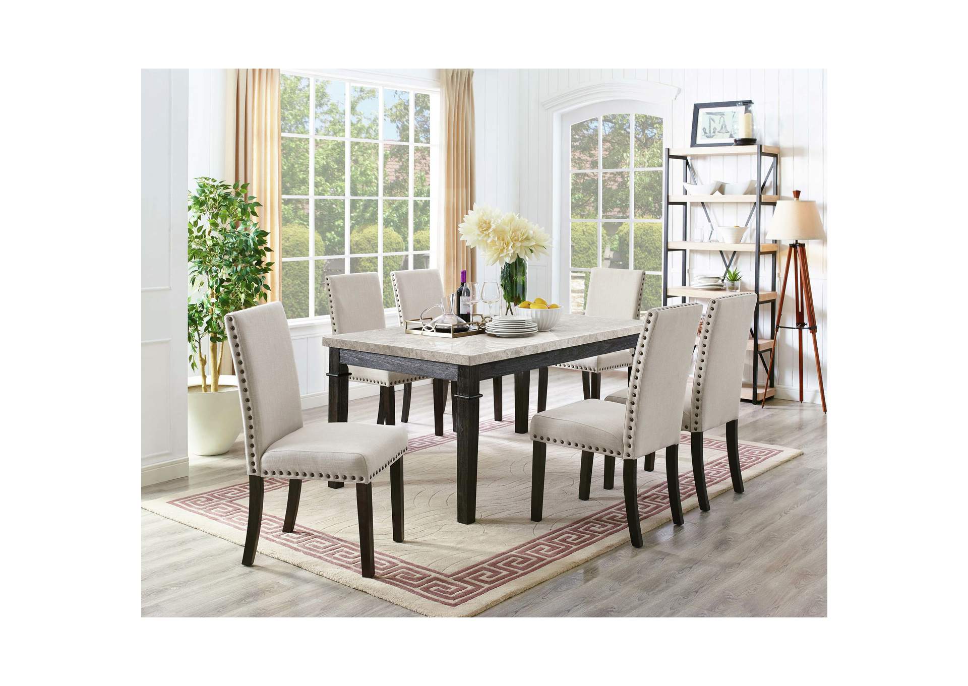 Greystone 7 Piece Dining Set - Table 6 Upholstered Side Chairs,Elements