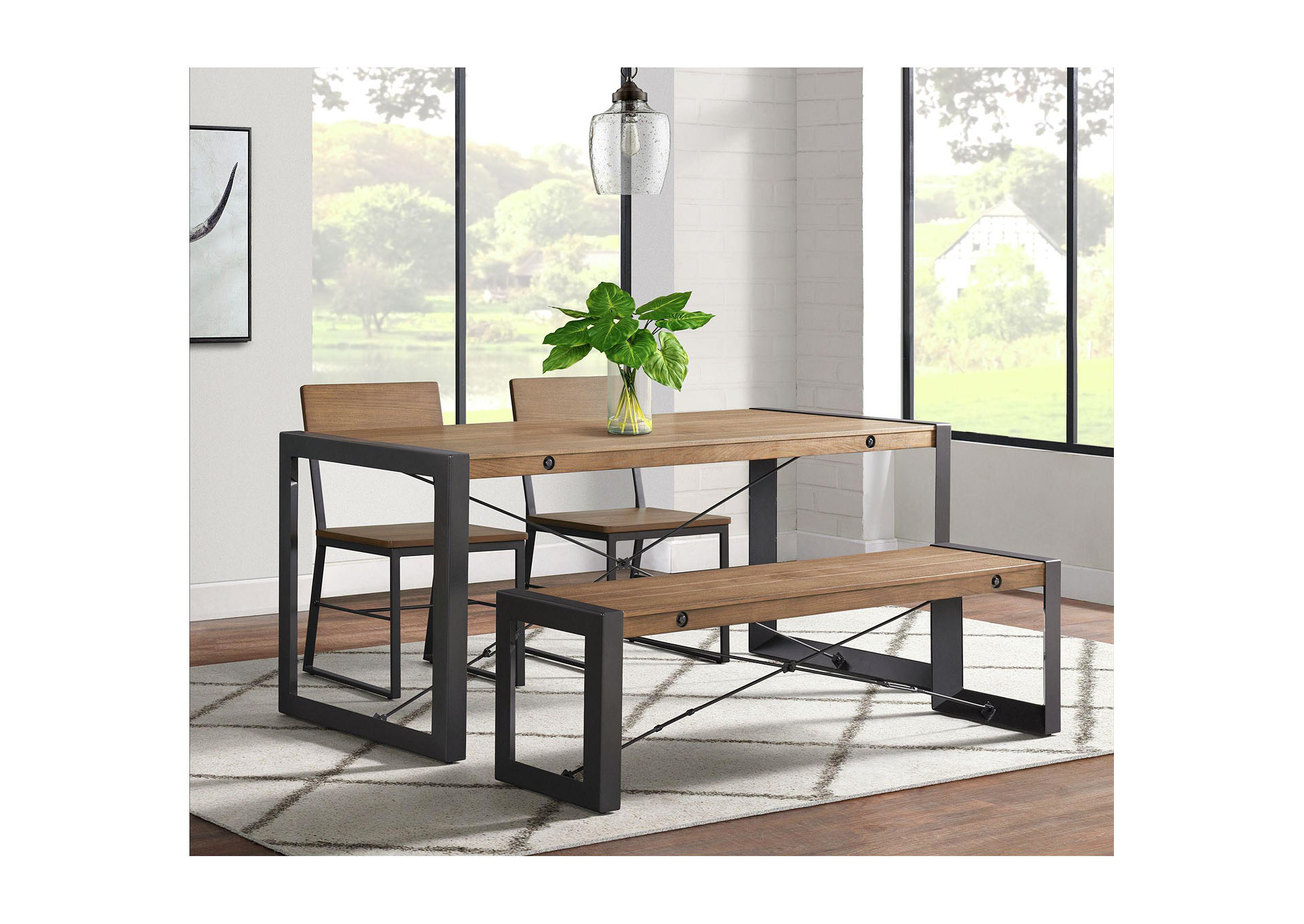 Industrial 4 Piece Dining Set In Walnut - Table Two Chairs Bench,Elements