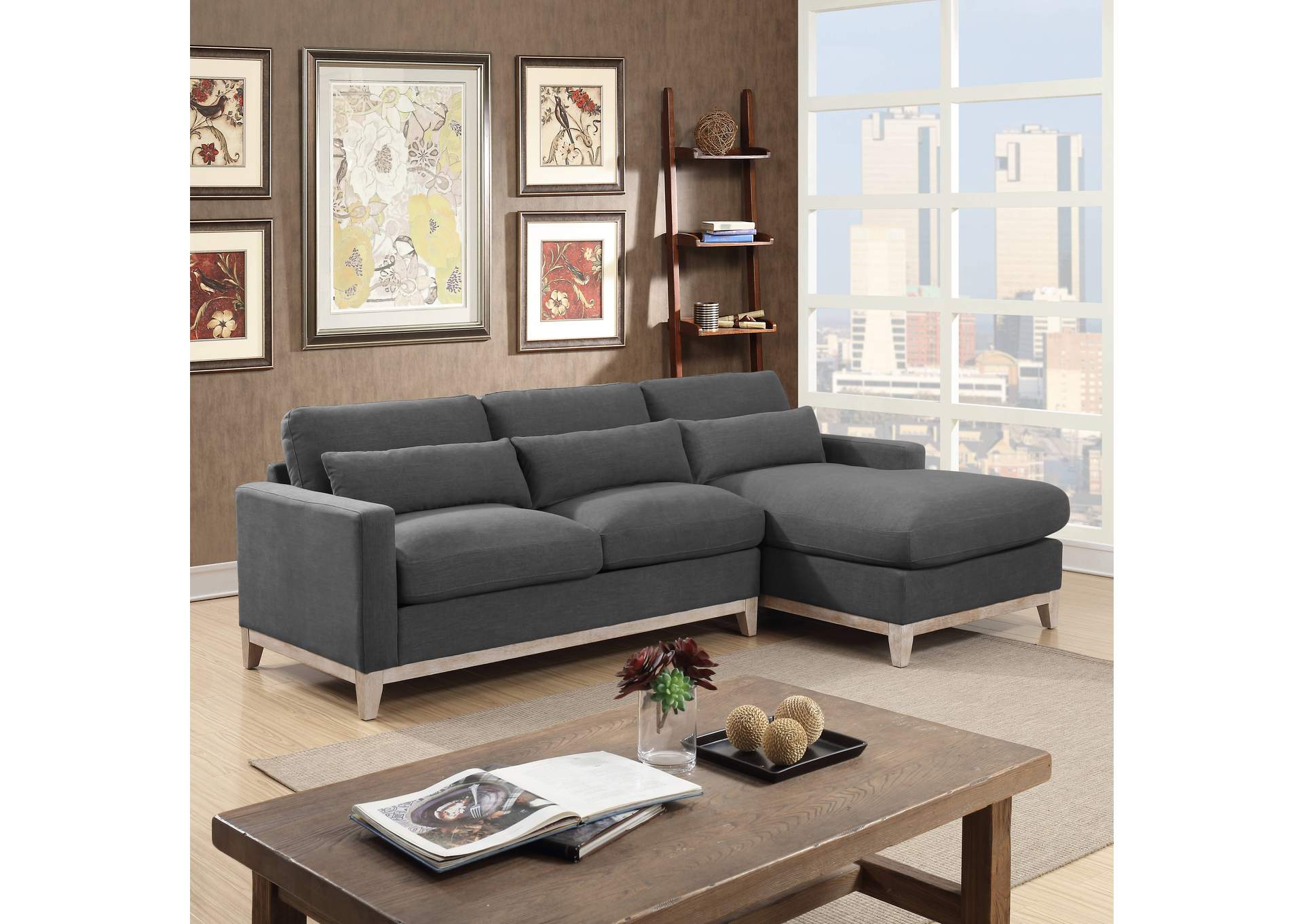 Jupiter Left Hand Facing Loveseat With Brown Wooden Legs With Feather Down In Columbia Charcoal,Elements