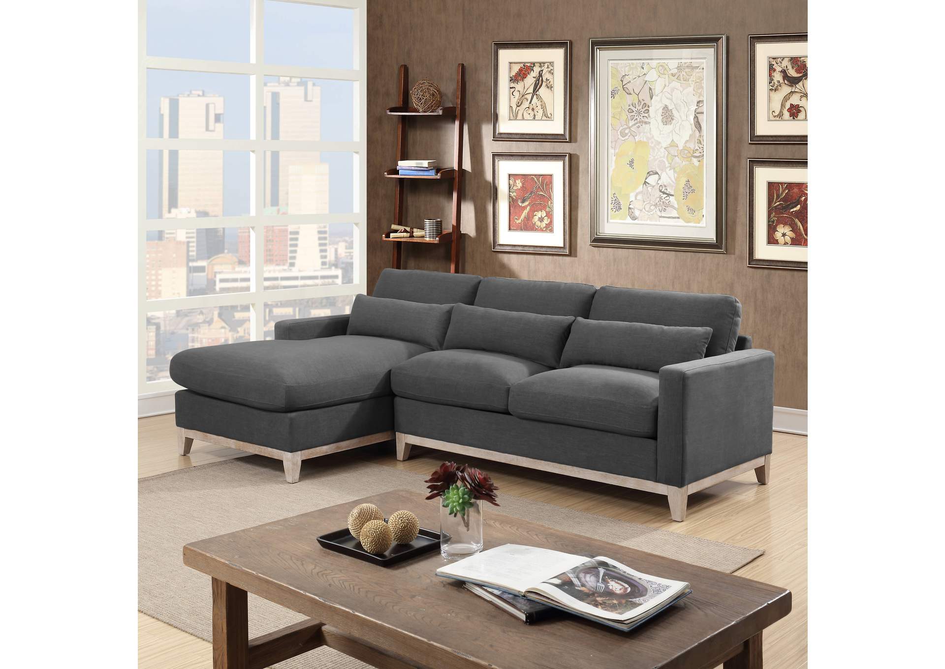 Jupiter Right Hand Facing Loveseat With Brown Wooden Legs With Feather Down In Columbia Charcoal,Elements