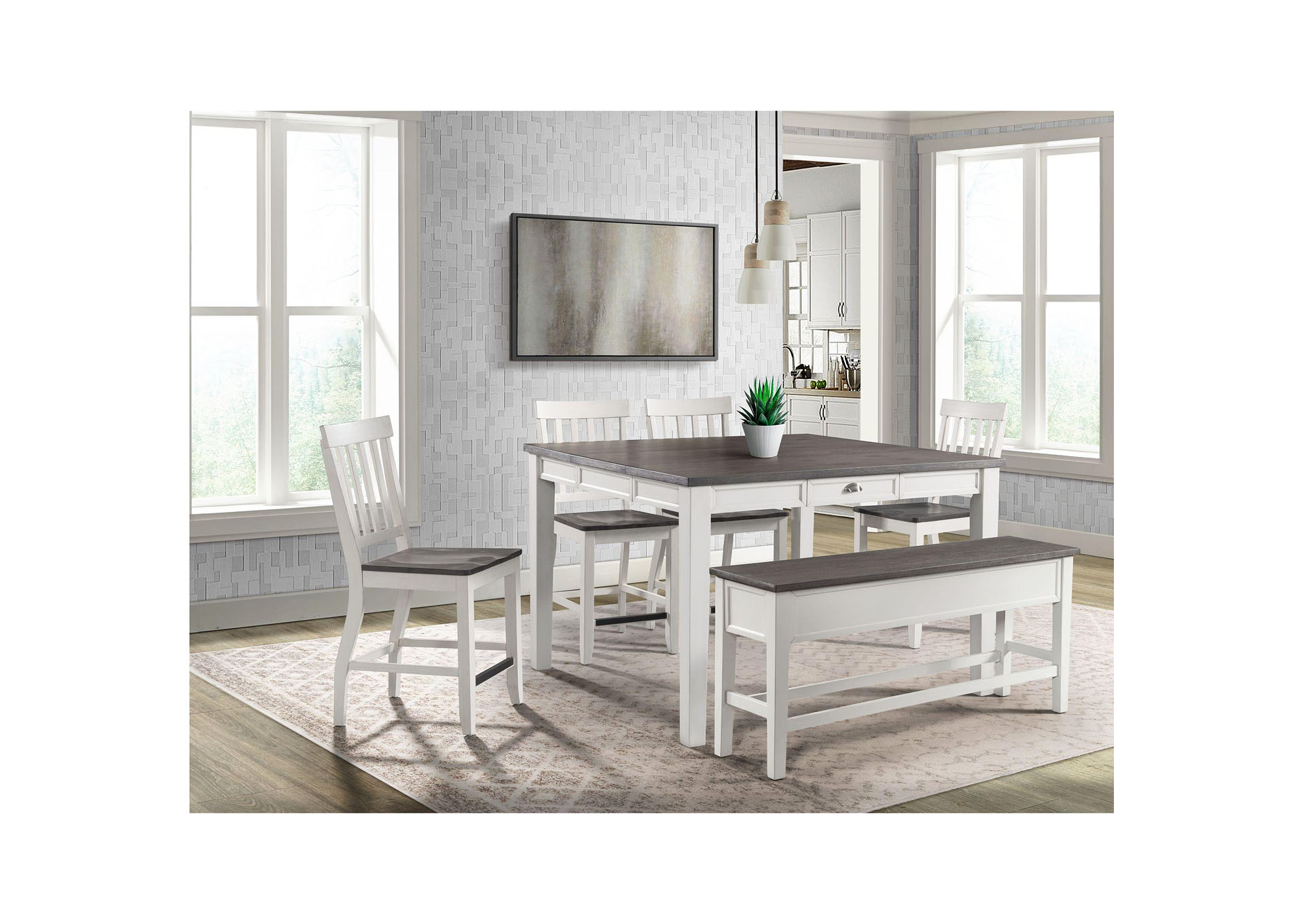 Kayla Two Tone 6 Piece Counter Height Dining Set - Table Four Chairs Bench,Elements