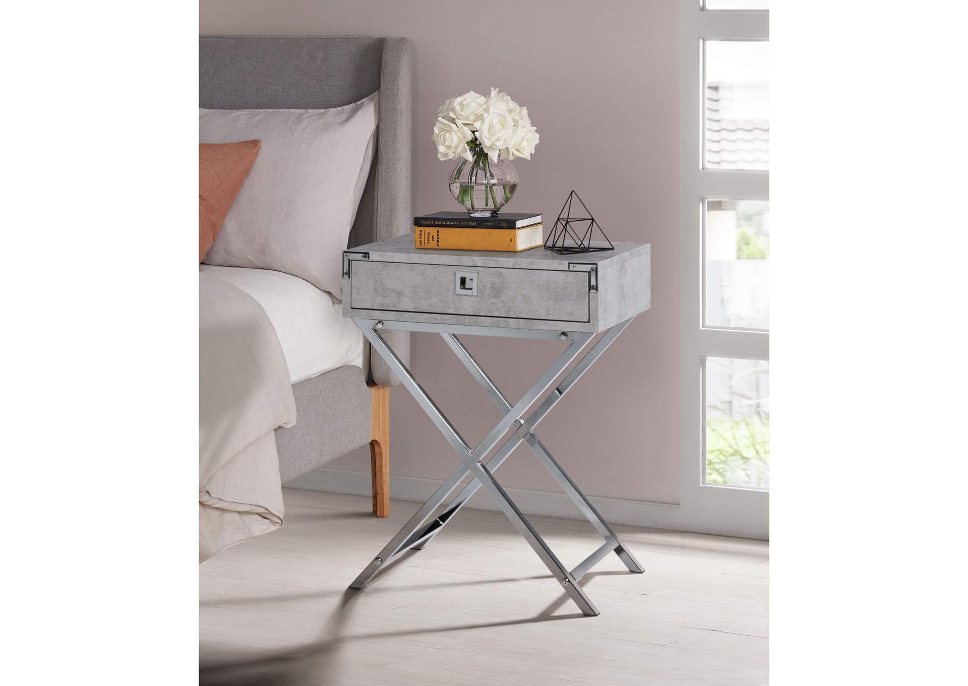 Lainey Accent Nightstand With Cement Top In Chrome,Elements