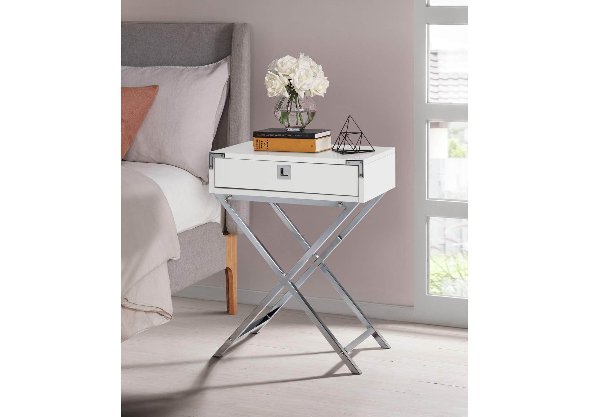 Lainey Accent Nightstand With White Top In Chrome,Elements