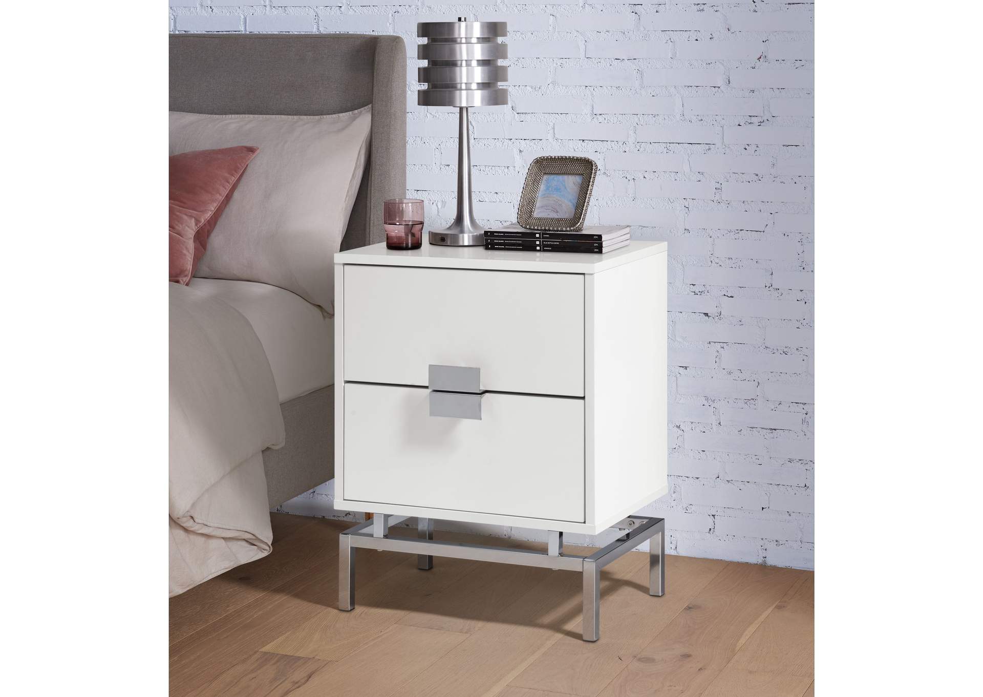 Lola Accent Nightstand With White Top In Chrome,Elements