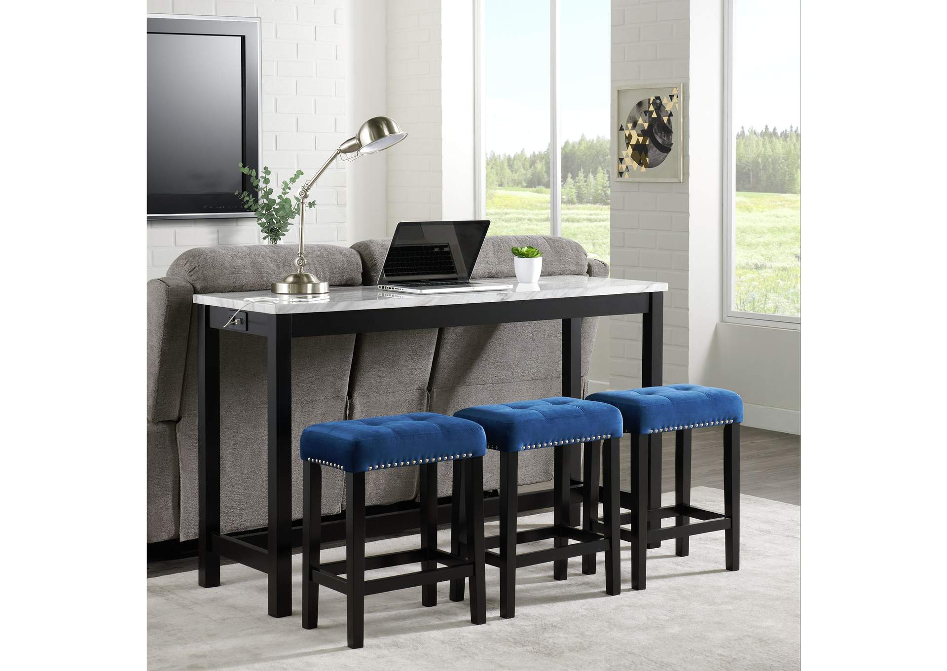 Marco Bar Table Set Single Pack In White Top Table 3 Stool In Blue Velvet,Elements