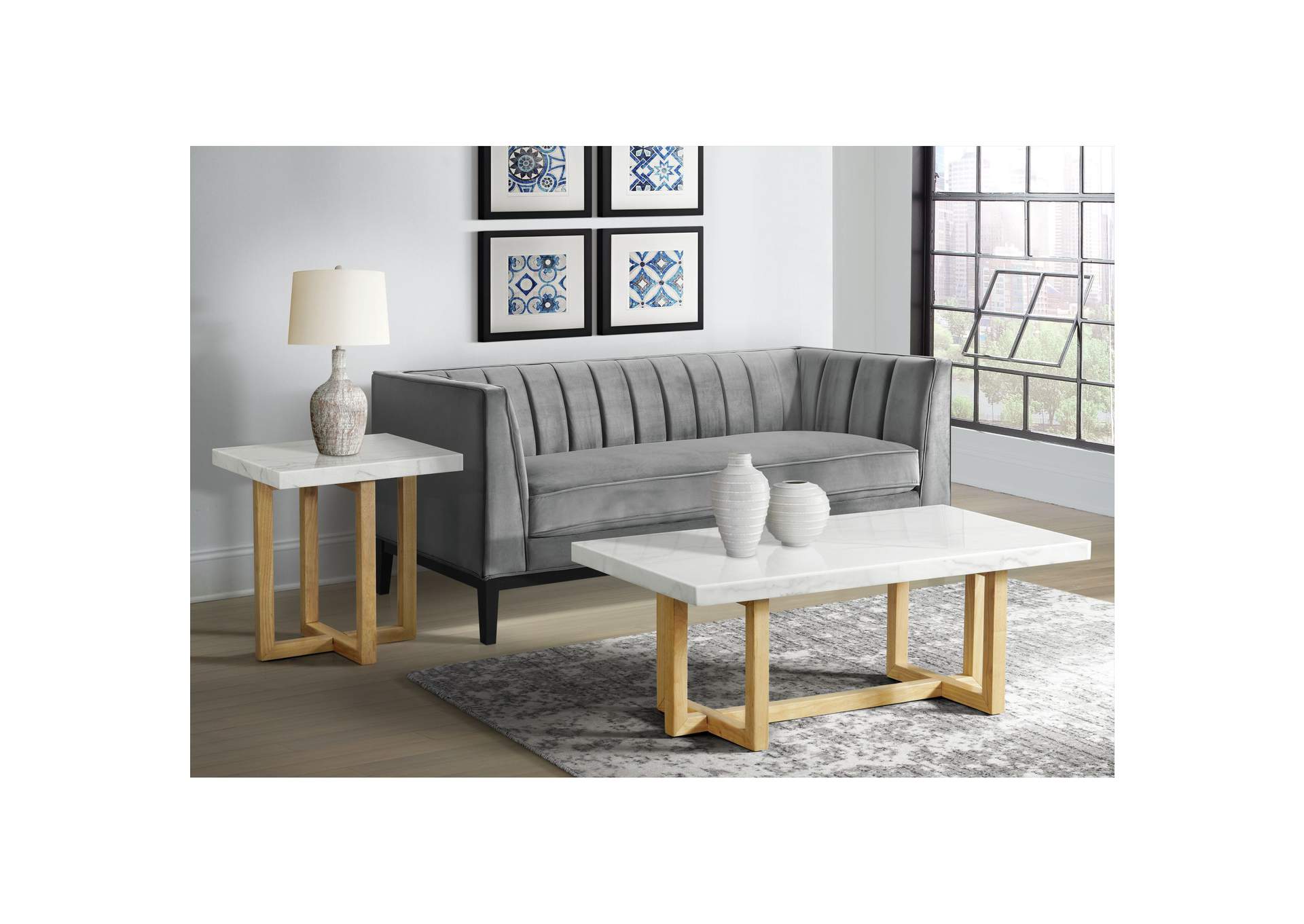 Morris Coffee Table In Natural With White Marble Top,Elements