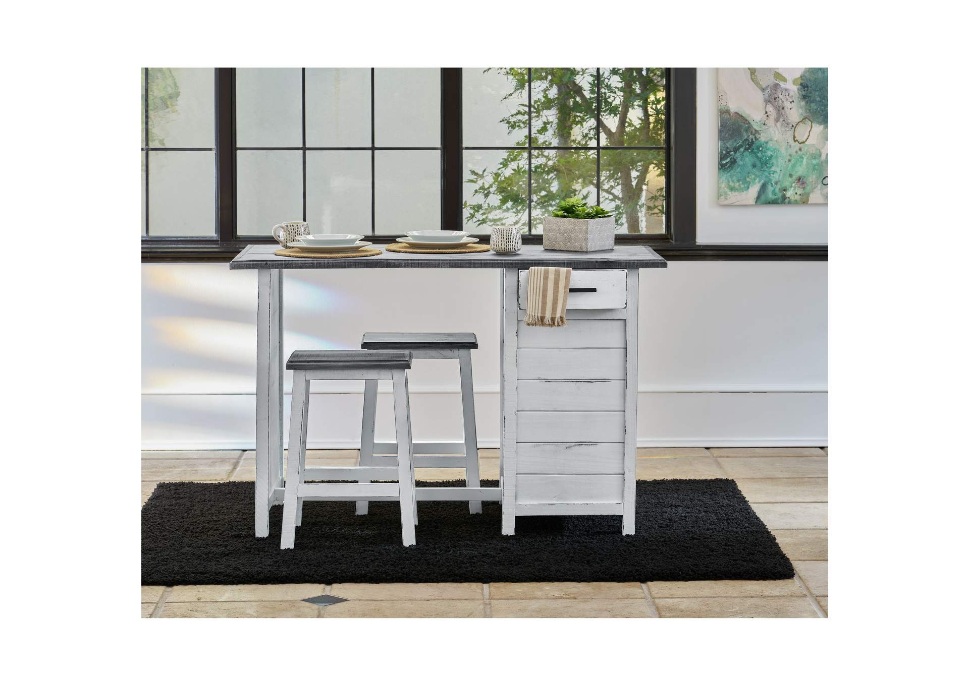 Sabine Kitchen Island - Two Stools In Old White 16 - Industrial Grey 11,Elements
