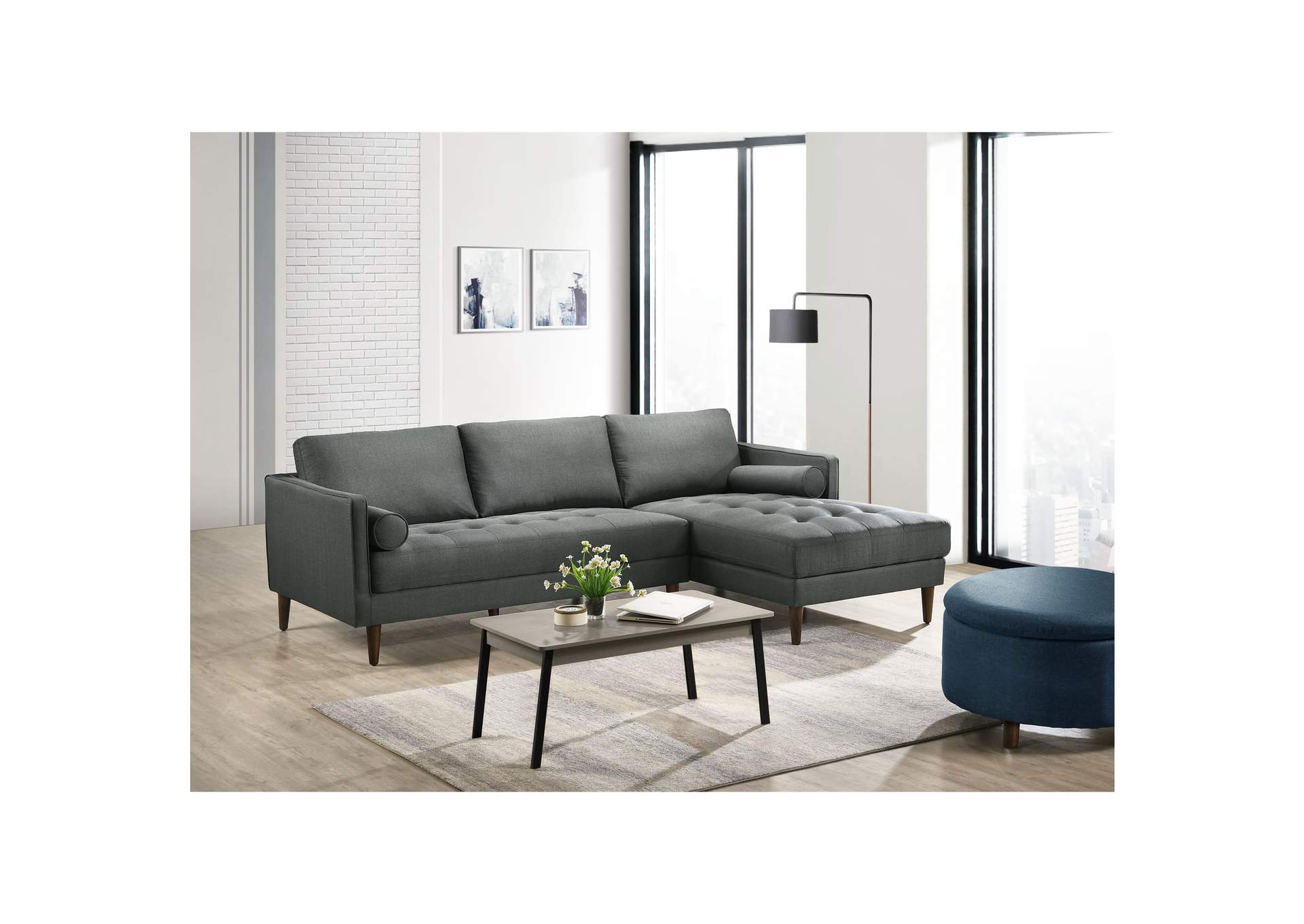 Sampson Sectional Right Hand Facing Chaise In Apollo Midnight Grey D28 With Self Arm Pillow,Elements
