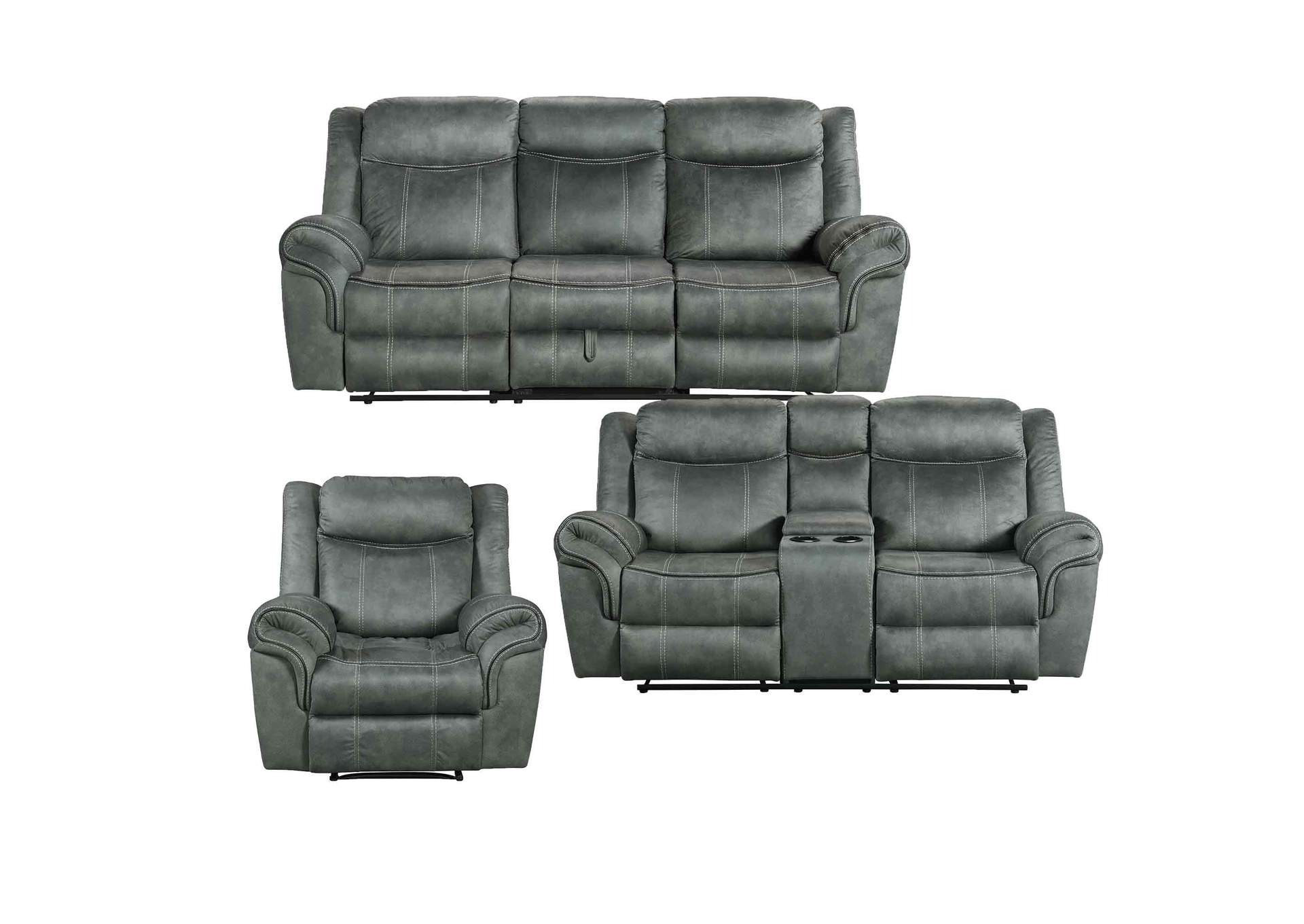 Sorrento 3 Piece Living Room Set In Fb367 Charcoal - Sofa Loveseat Recliner,Elements