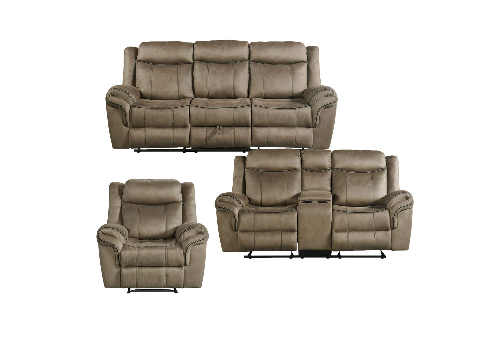 Sorrento 3 Piece Living Room Set In T101 Brown - Sofa Loveseat Recliner,Elements