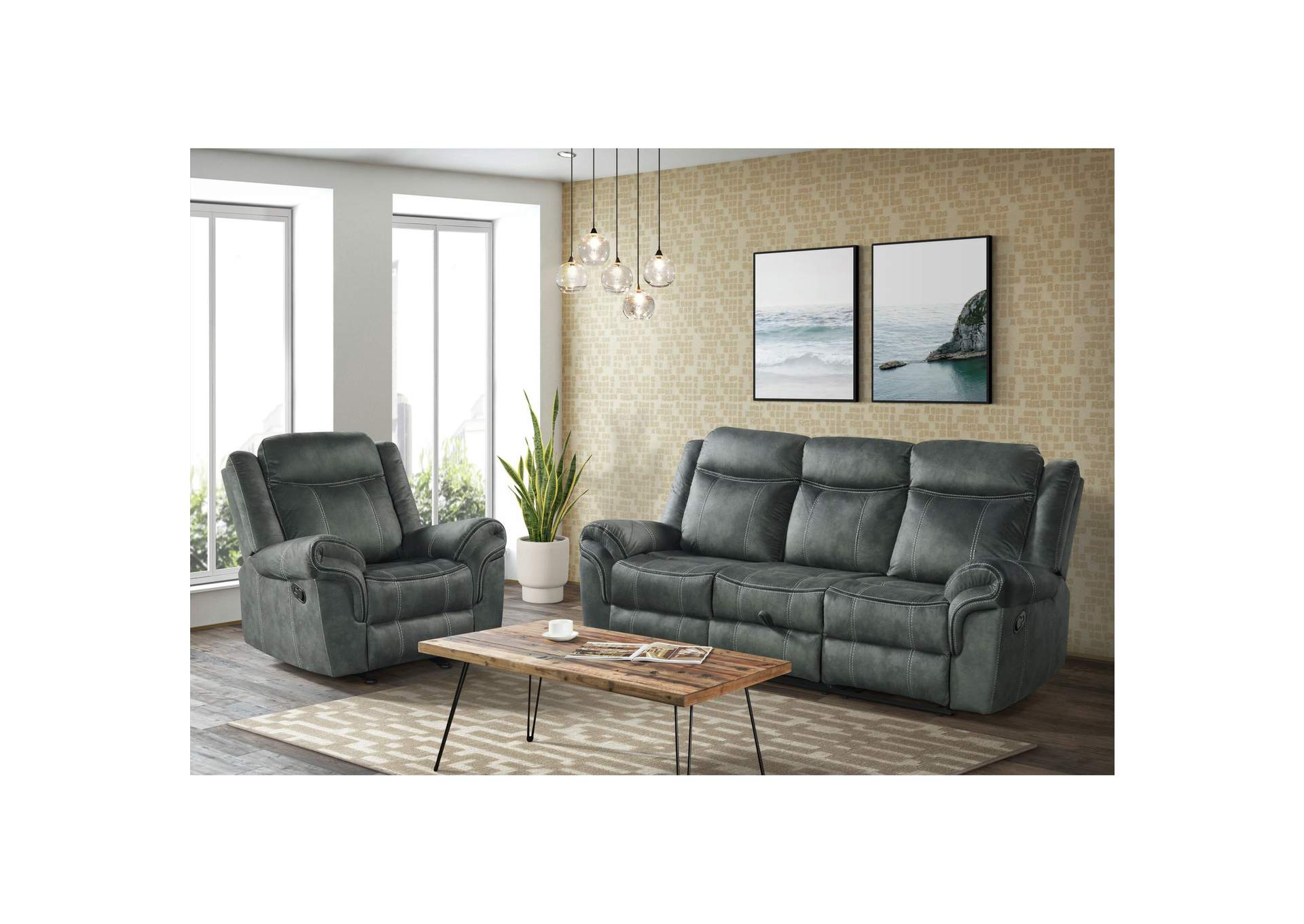 Sorrento 3 Piece Living Room Set In Fb367 Charcoal - Sofa Loveseat Recliner,Elements