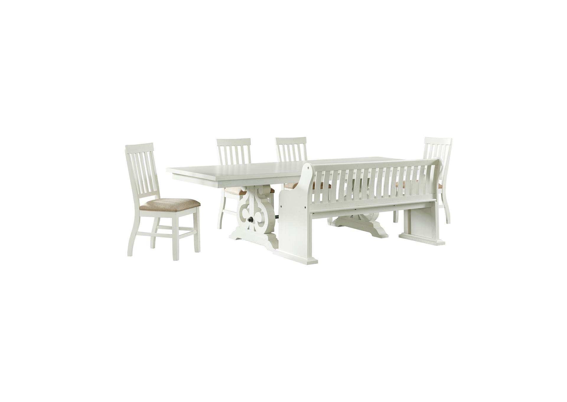 Stone 6 Piece Dining Set In White - Table Four Side Chairs Pew Bench,Elements
