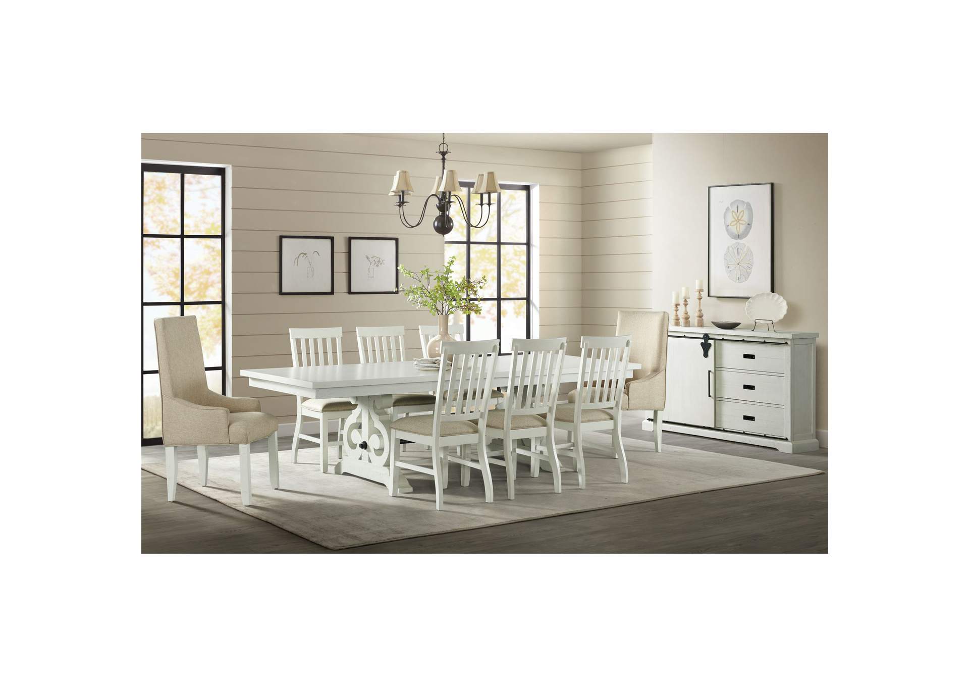 Stone 10 Piece Dining Set In White - Table Six Side Chairs Two Parson Chairs Server,Elements