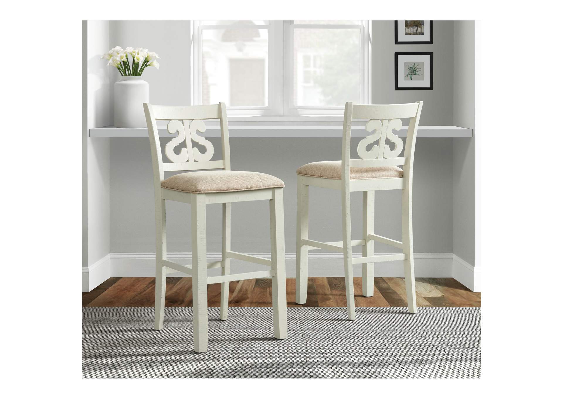 Stone 30 Bar Scroll Back Stool With Fabric Seat In White 2 Per Carton,Elements