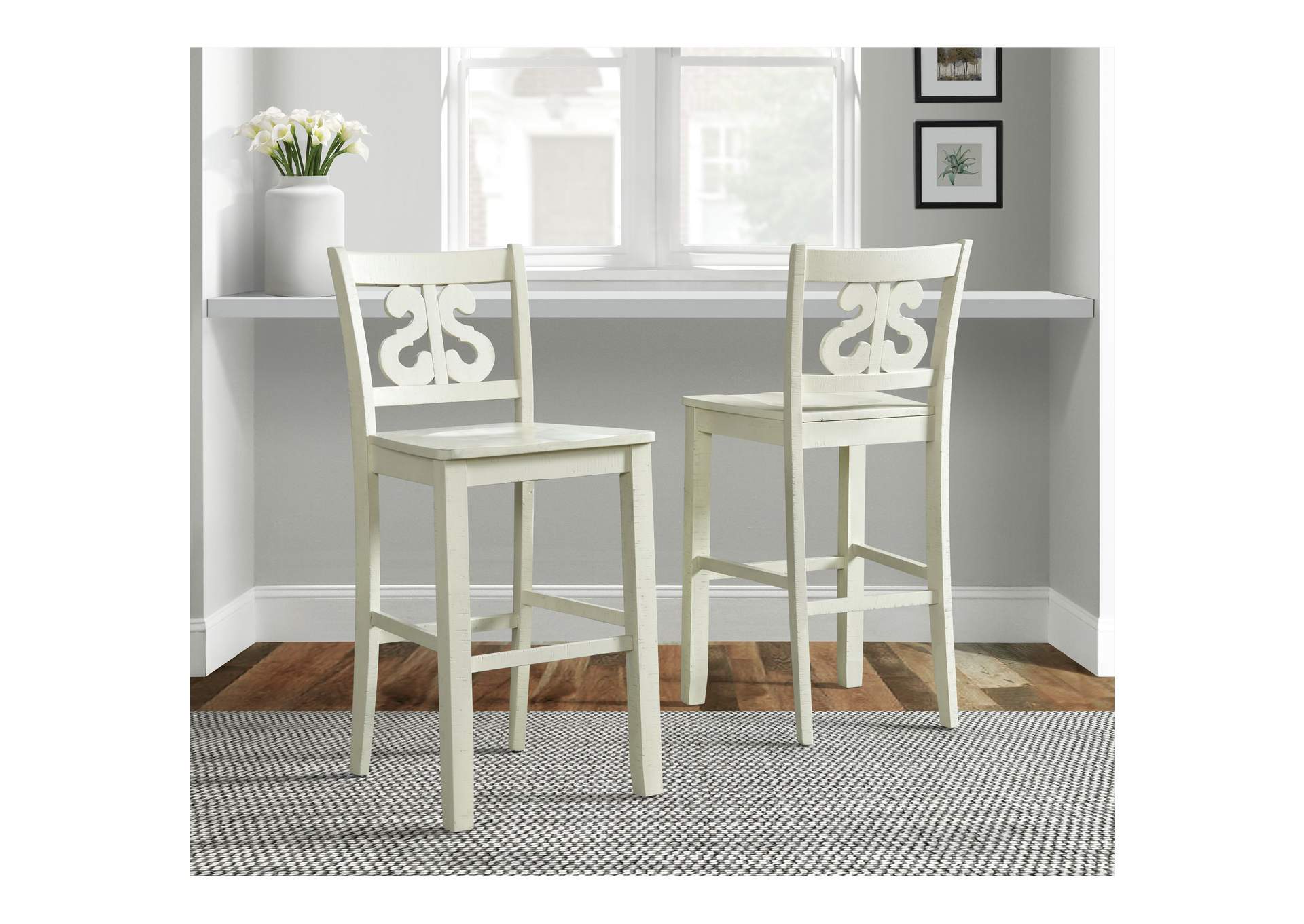 Stone 30 Bar Scroll Back Stool With Wood Seat In White 2 Per Carton,Elements