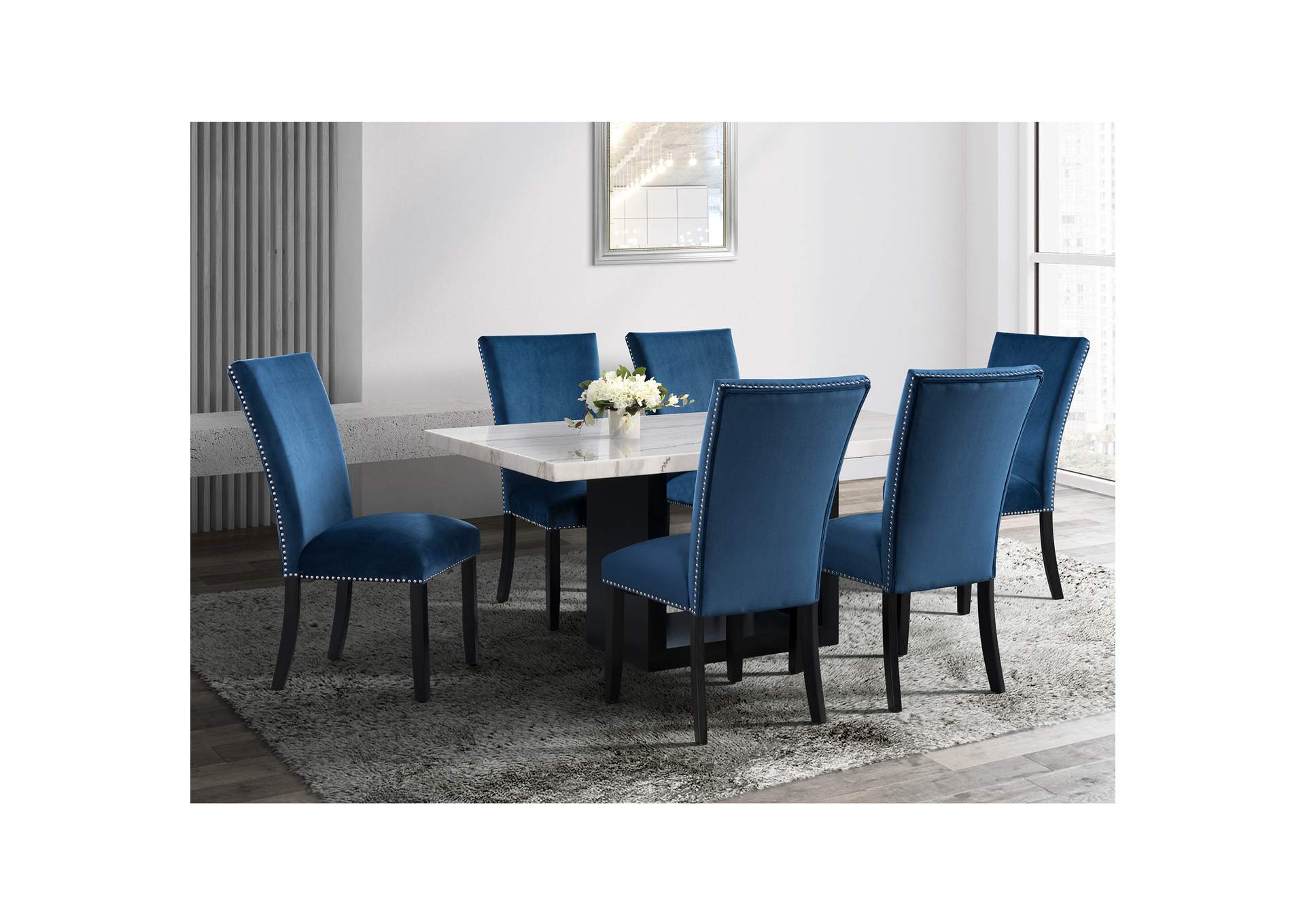 Valentino White 5 Piece Counter Height Dining Set - Table Four Blue Chairs,Elements