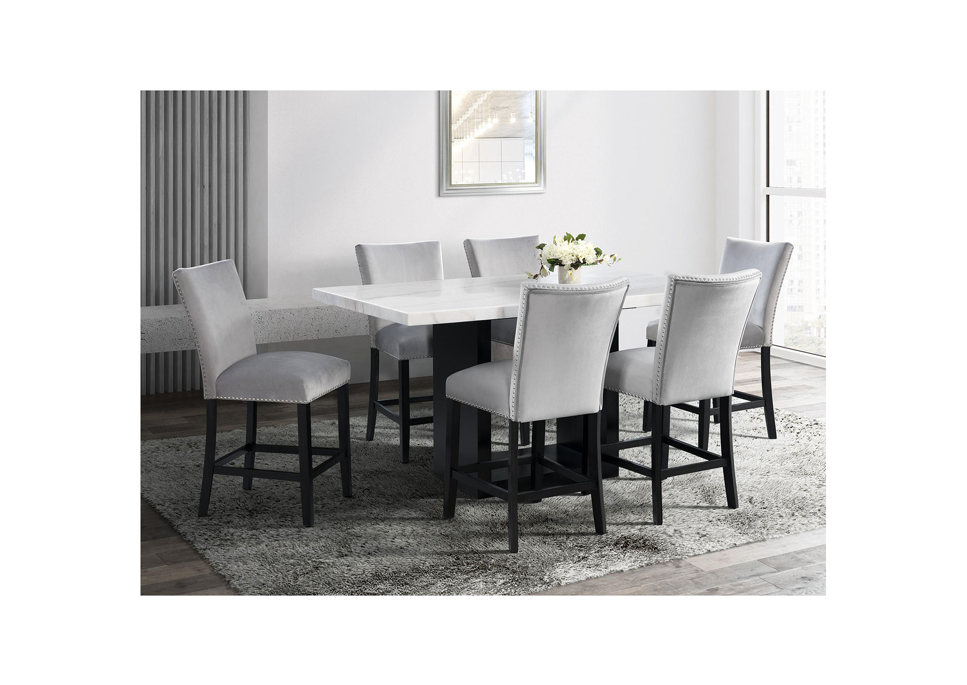 Valentino White 5 Piece Counter Height Dining Set - Table Four Grey Chairs,Elements