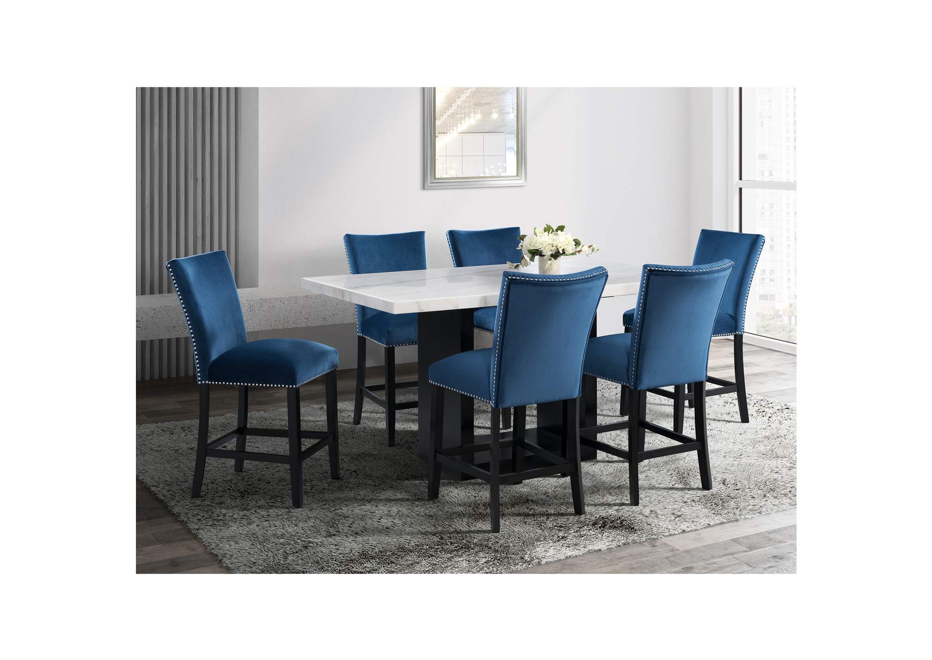 Valentino White 5 Piece Dining Set - Table Four Blue Chairs,Elements