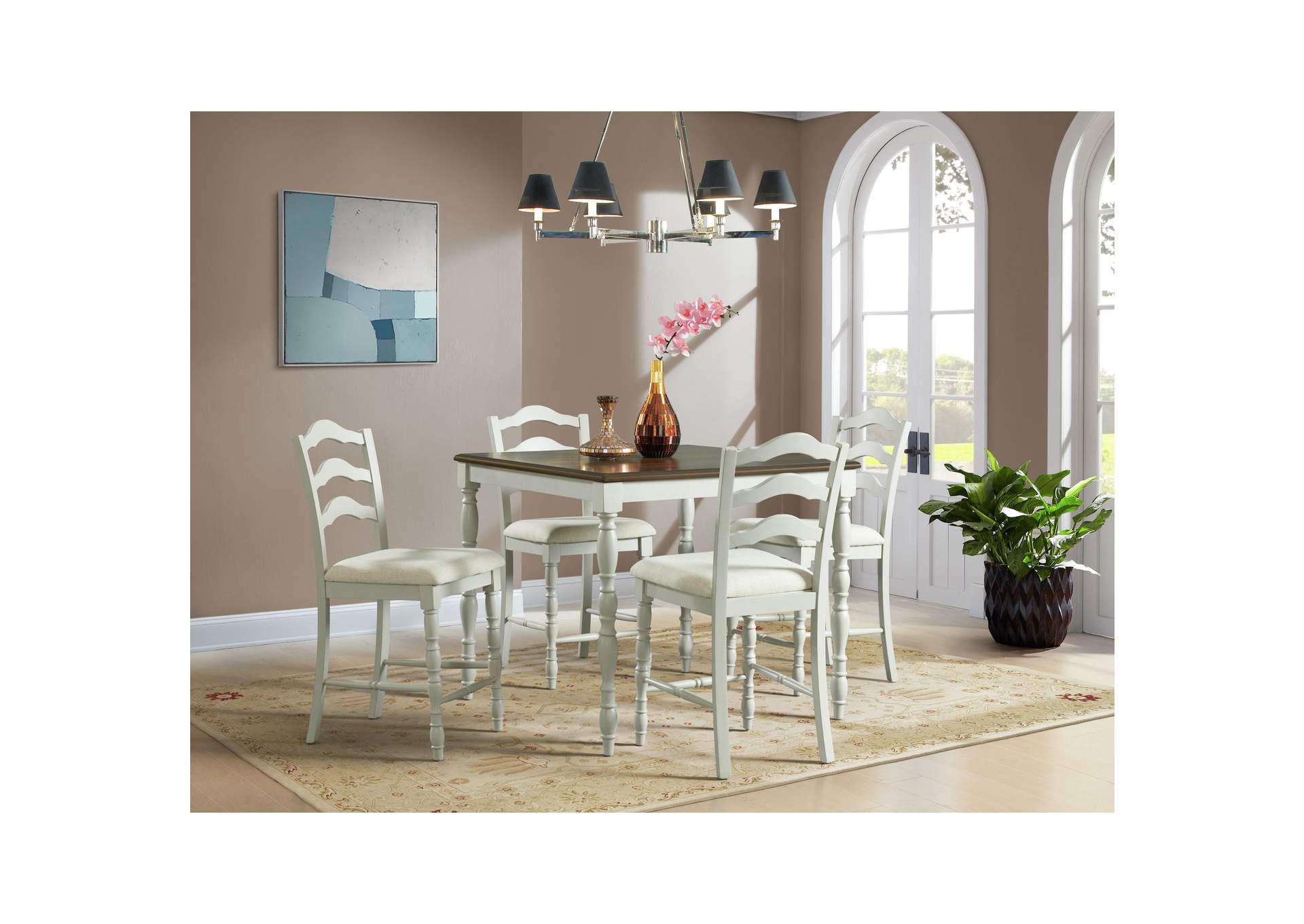 Vesta 5 Piece Counter Set With Upholstery Chairs And Brown Top In White,Elements