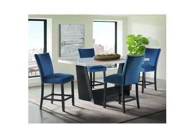 Image for Beckley 5 Piece Counter Height Dining Set In White - Table Four Blue Counter Velvet Chairs