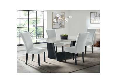 Image for Beckley 5 Piece Dining Set In White - Table Four Grey Velvet Chairs