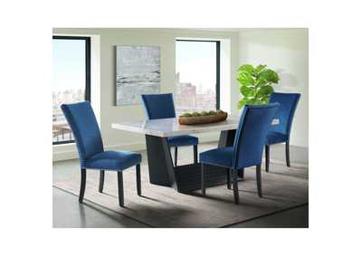 Image for Beckley 5 Piece Dining Set In White - Table Four Blue Velvet Chairs