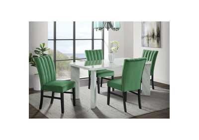 Image for Bellini 5 Piece Dining Set In White - Rectangle Table Four Emerald Velvet Chairs