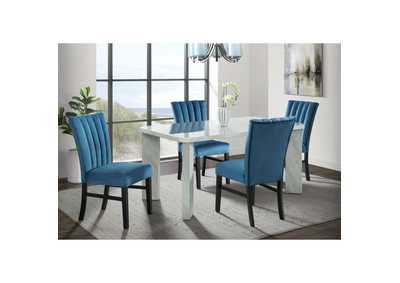 Image for Bellini 5 Piece Dining Set In White - Rectangle Table Four Navy Blue Velvet Chairs