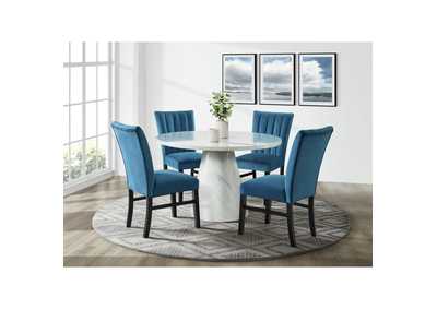 Image for Bellini 5 Piece Dining Set In White - Round Table Four Navy Blue Velvet Chairs