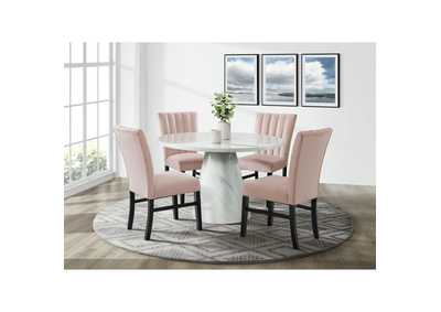 Image for Bellini 5 Piece Dining Set In White - Round Table Four Pink Velvet Chairs