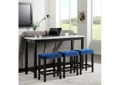 Image for Marco Bar Table Set Single Pack In White Top Table 3 Stool In Blue Velvet