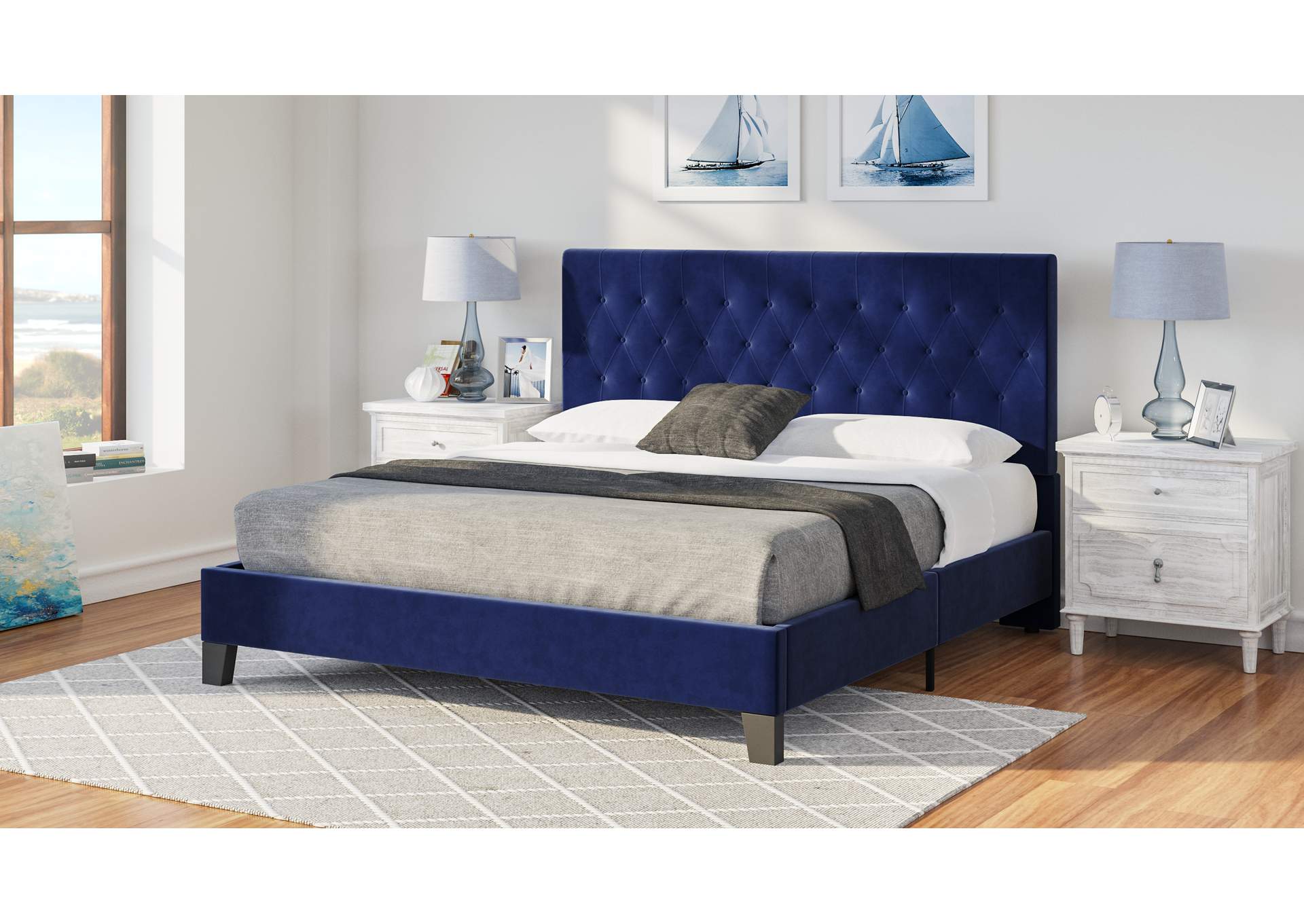 Amelia Navy King Upholstered Bed,Emerald Home Furnishings