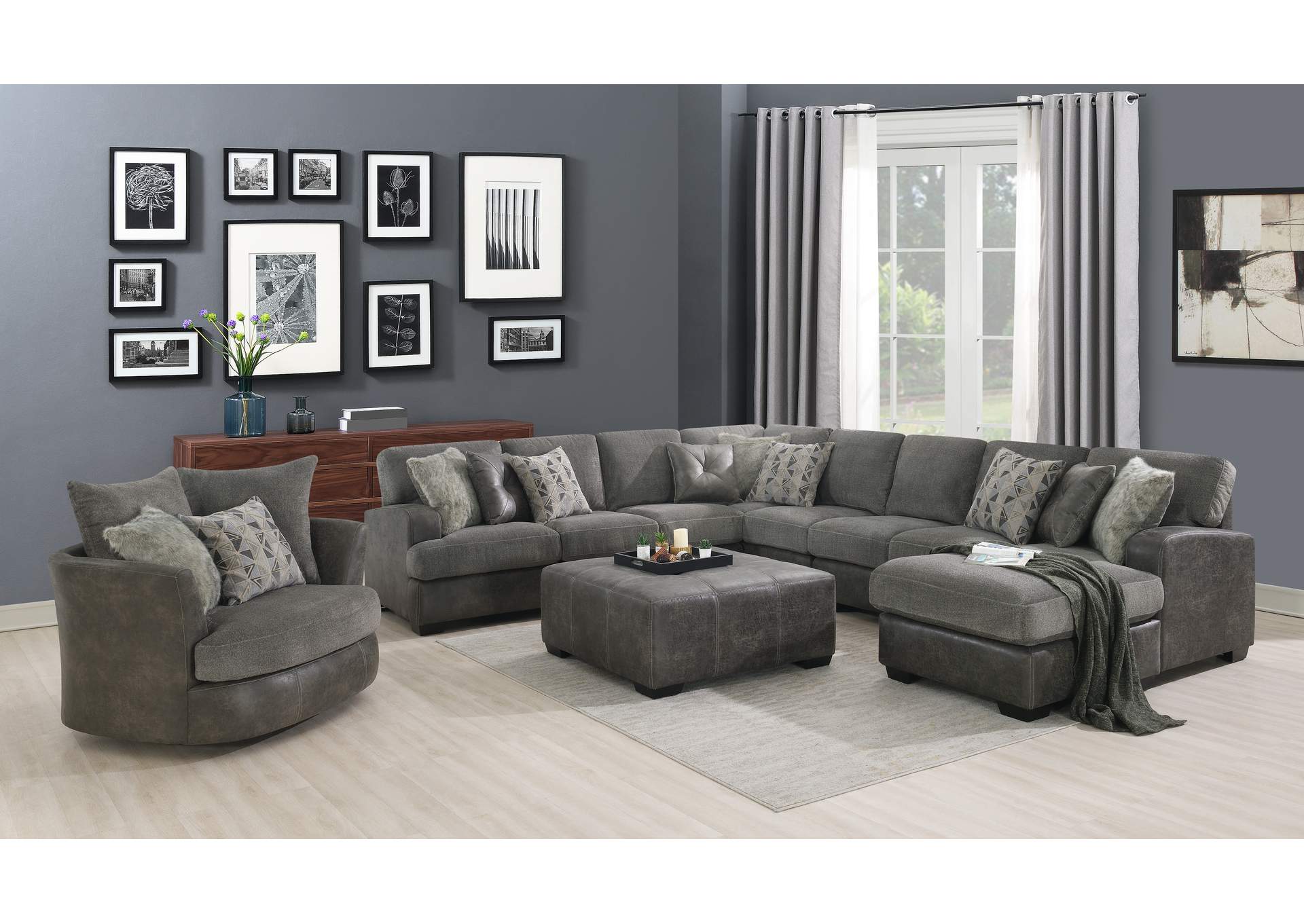 Berlin Gray Herringbone & Sanded Microfiber Modular Lsf Loveseat,Emerald Home Furnishings