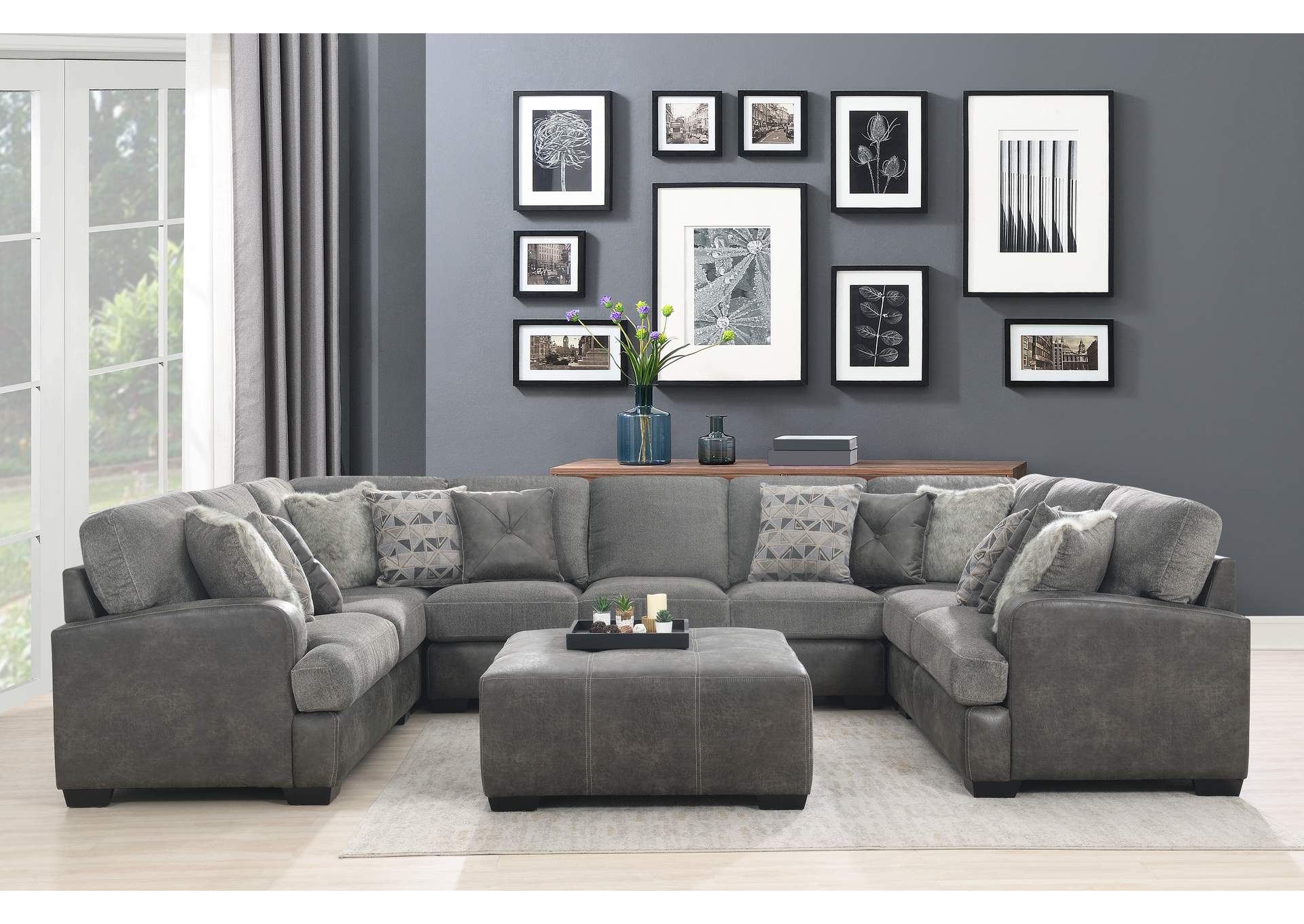 Berlin Gray Herringbone & Sanded Microfiber Modular Rsf Loveseat,Emerald Home Furnishings