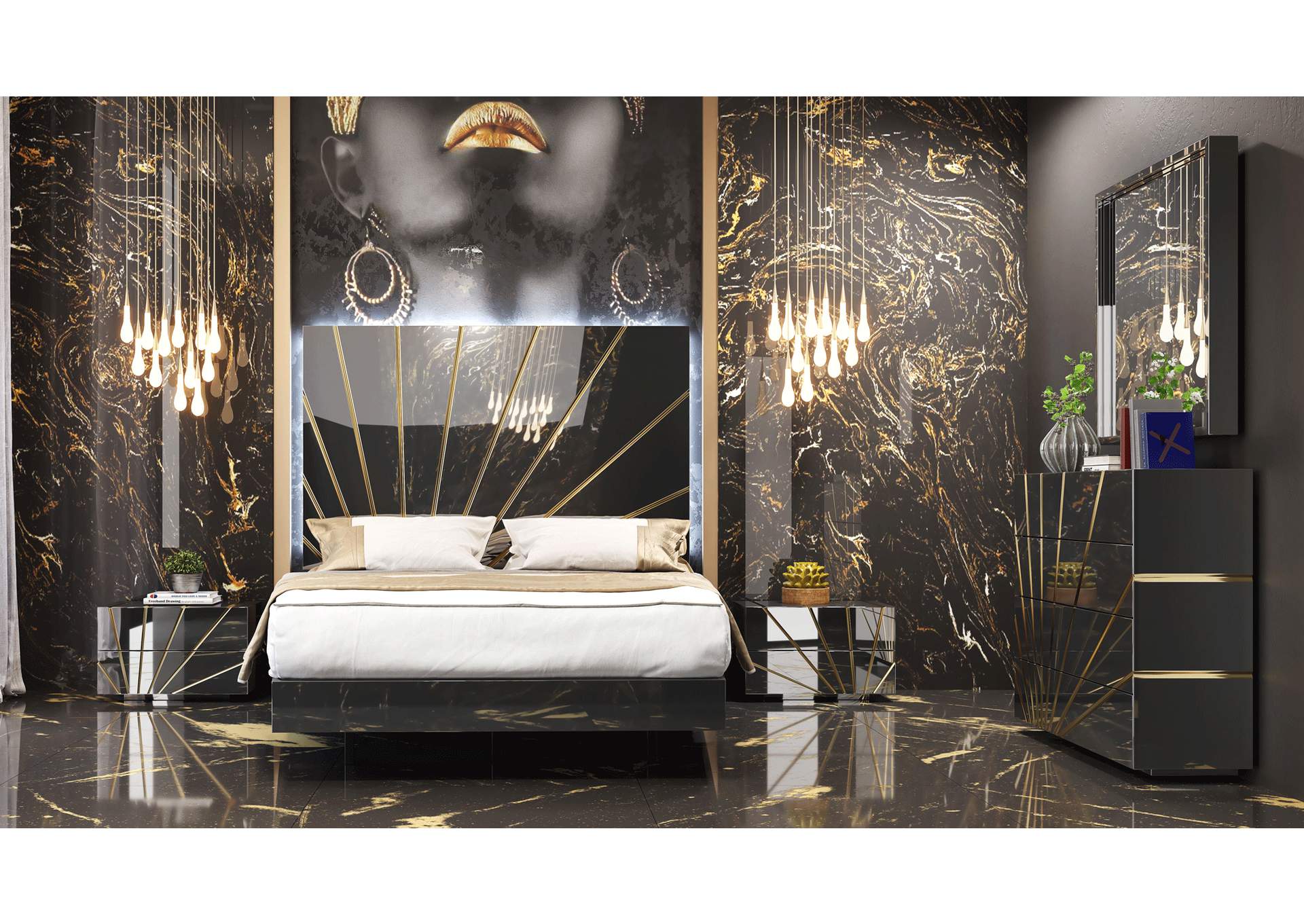 Oro Black Bedroom Comp 2 SET,ESF Wholesale Furniture