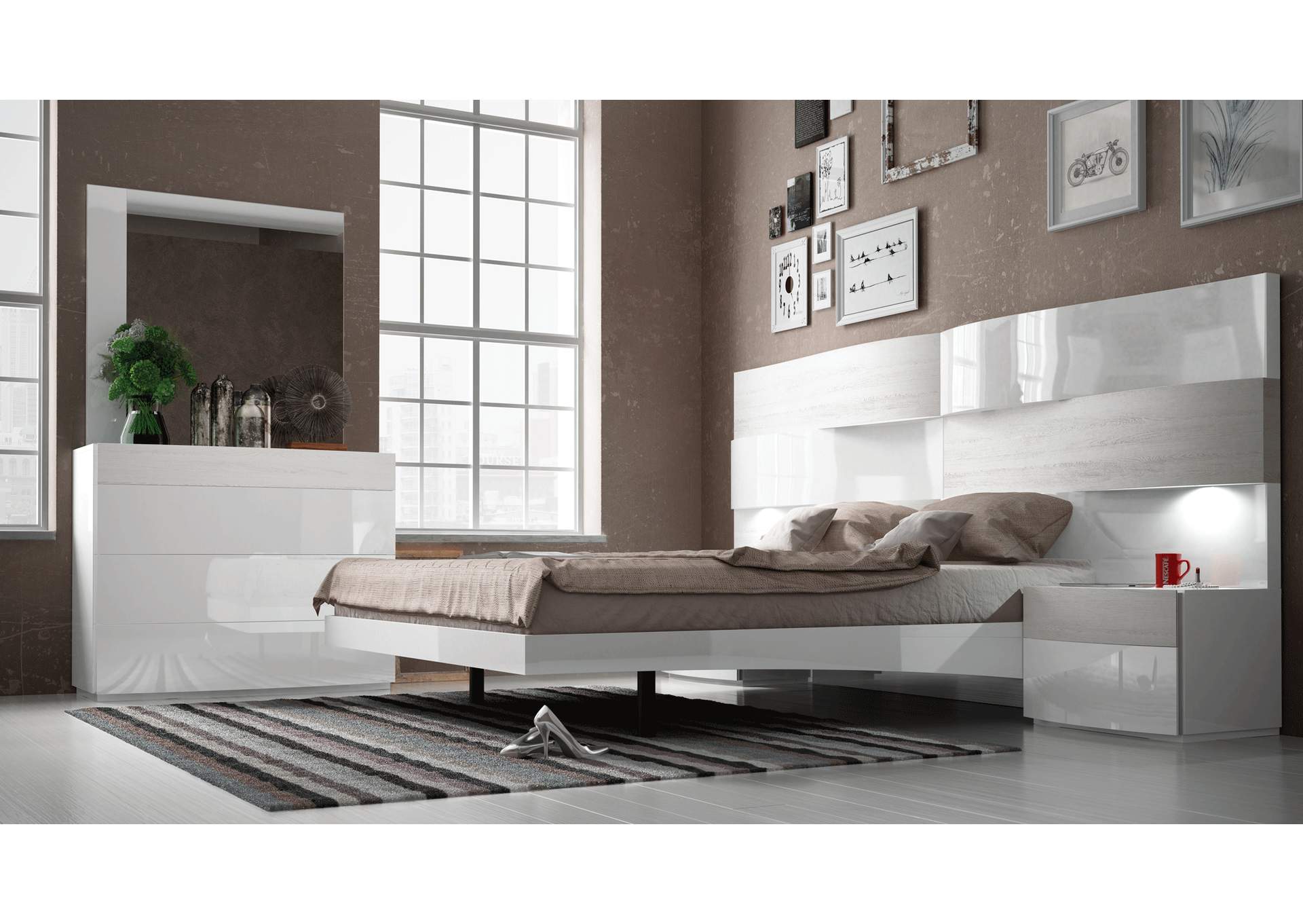 Cordoba Beige & White Queen Storage Bed W/ Dresser & Mirror,ESF Wholesale Furniture